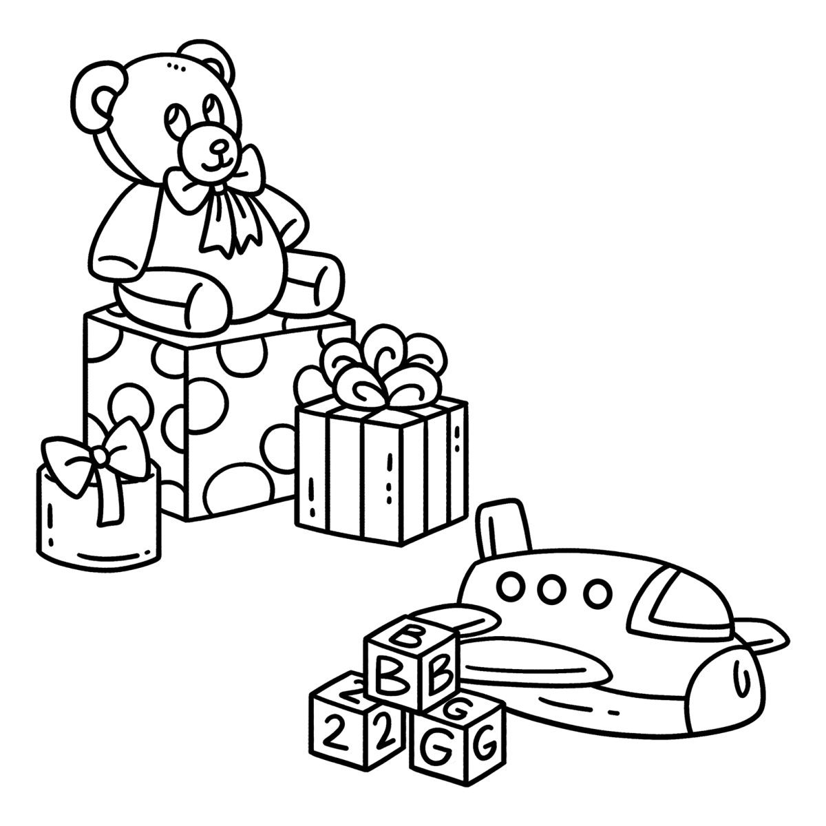 Brinquedos de presente: ursinho, avião e blocos para colorir