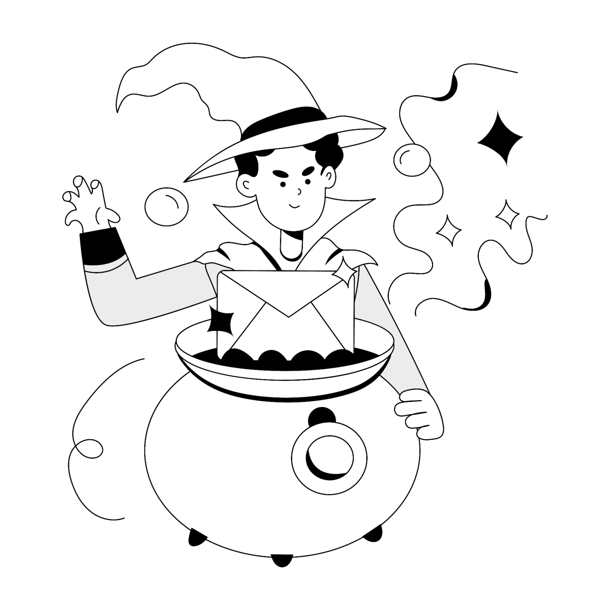 Bruxinha jogando ingredientes no caldeirão para colorir