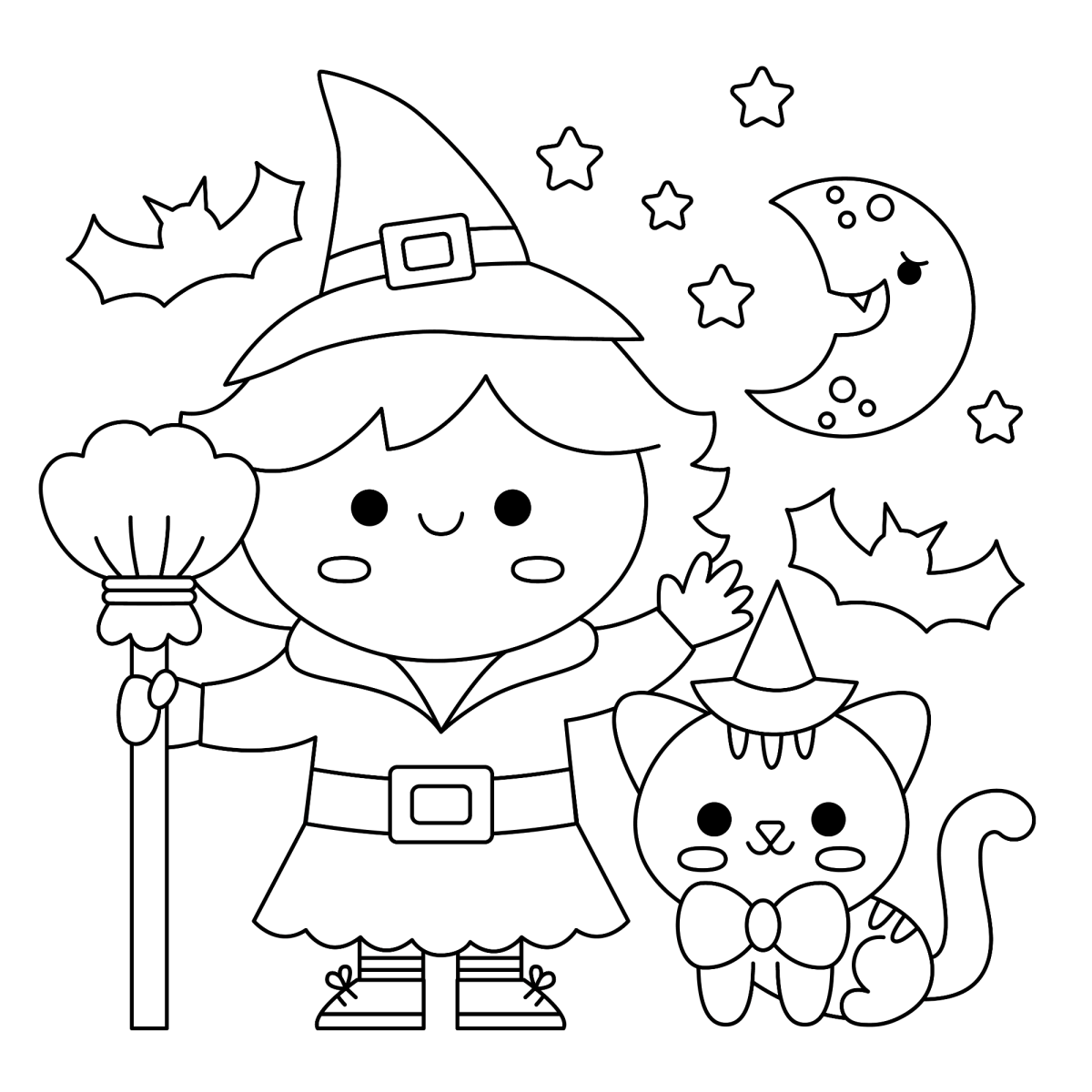 Bruxinha kawaii com gatinhos para colorir