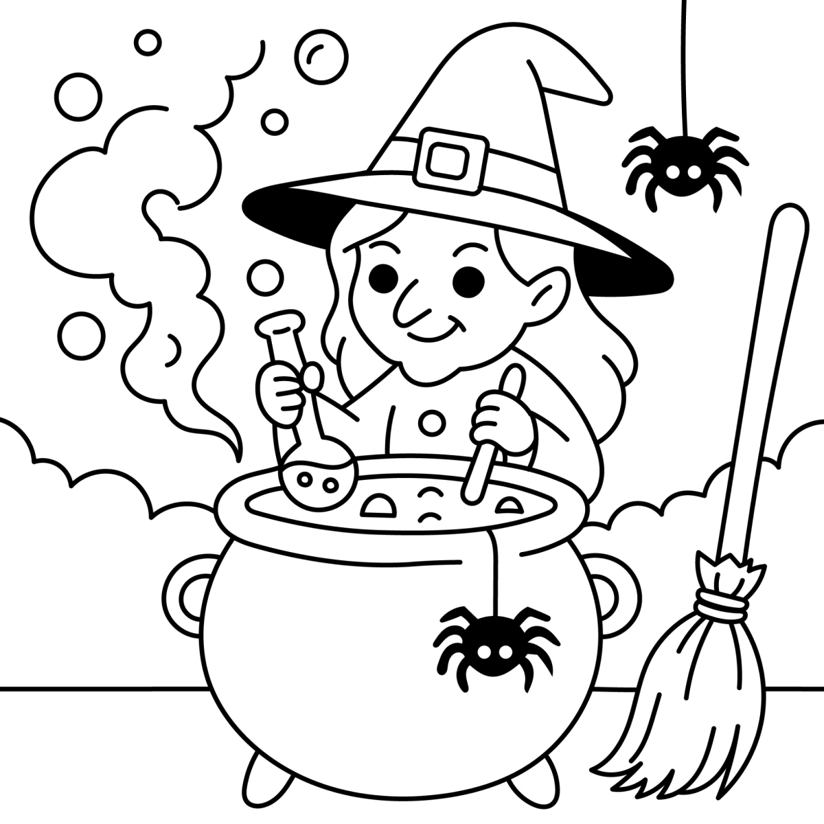 Bruxinha mexendo a poção com aranhas para colorir