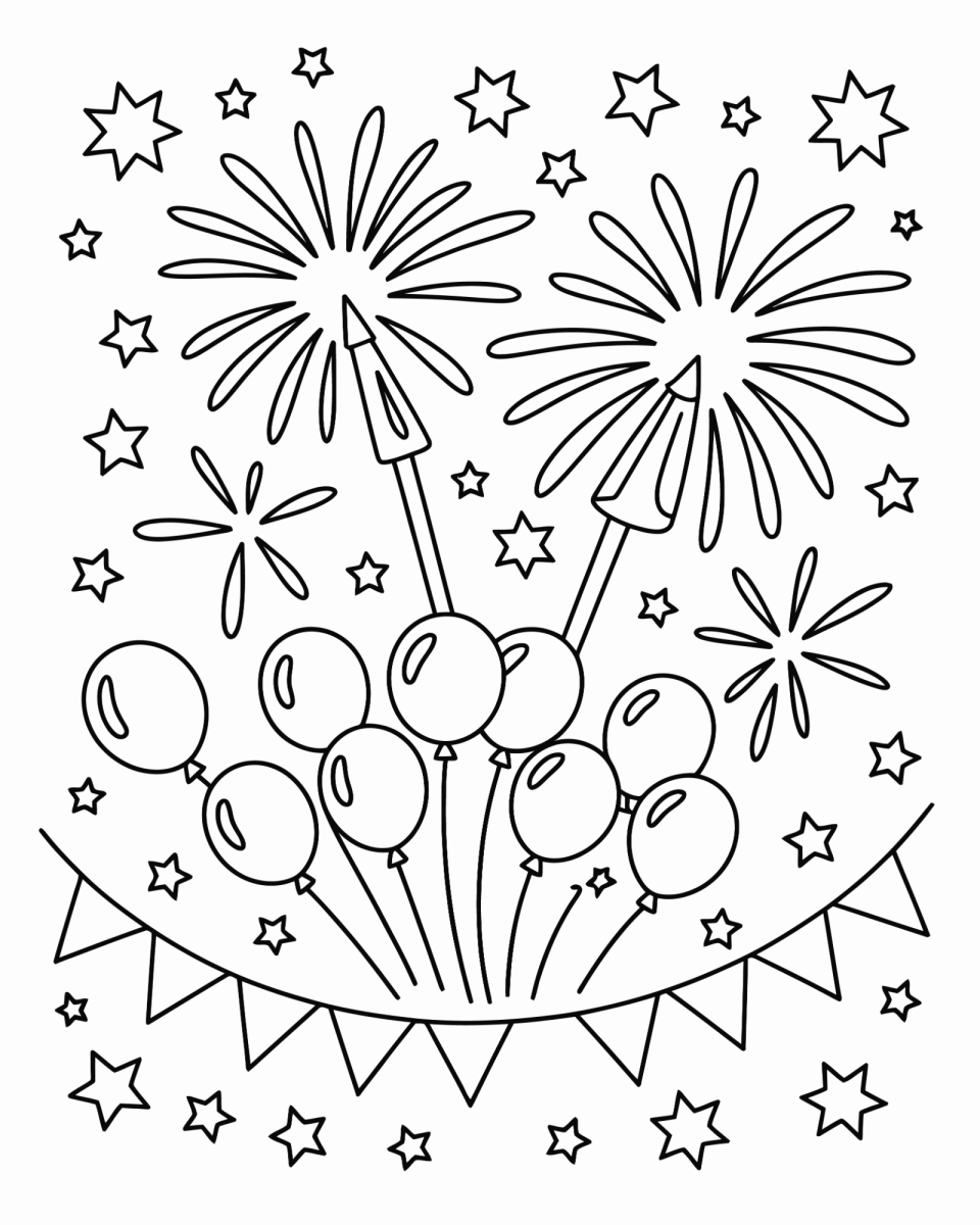 Buquê de fogos com bandeirinhas para colorir