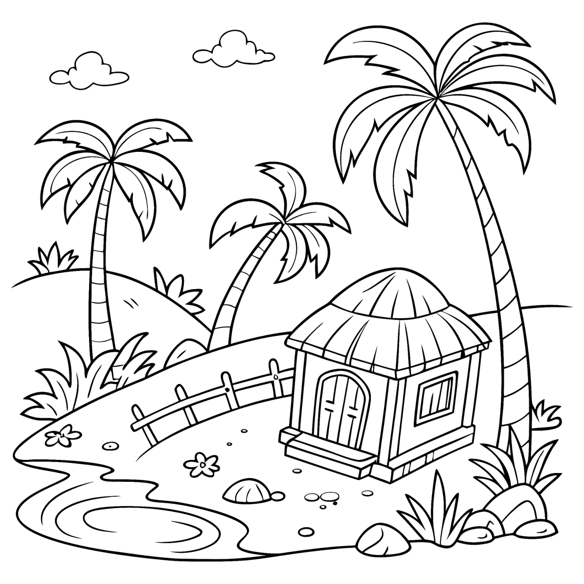 Cabana de praia na ilha para colorir