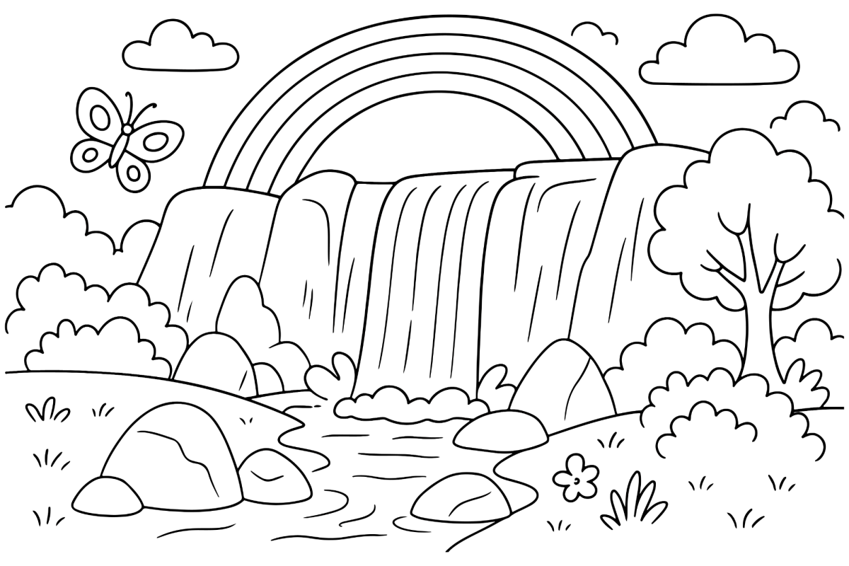 Cachoeira com arco-íris e borboletas para colorir