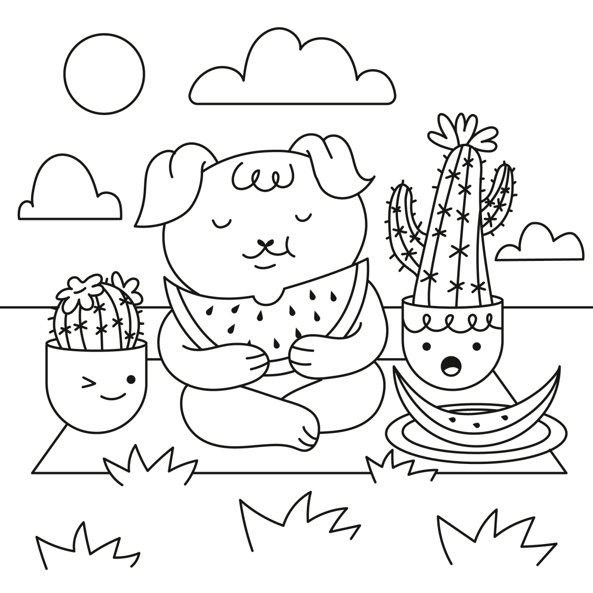 Cachorrinho com melancia e cactos para colorir