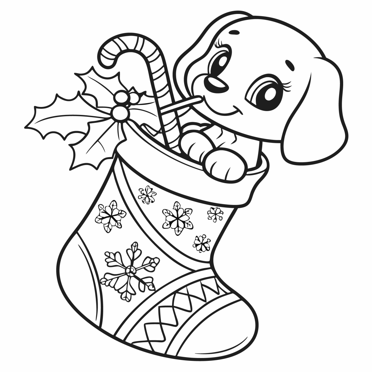 Cachorrinho dentro da meia de Natal com azevinho para colorir