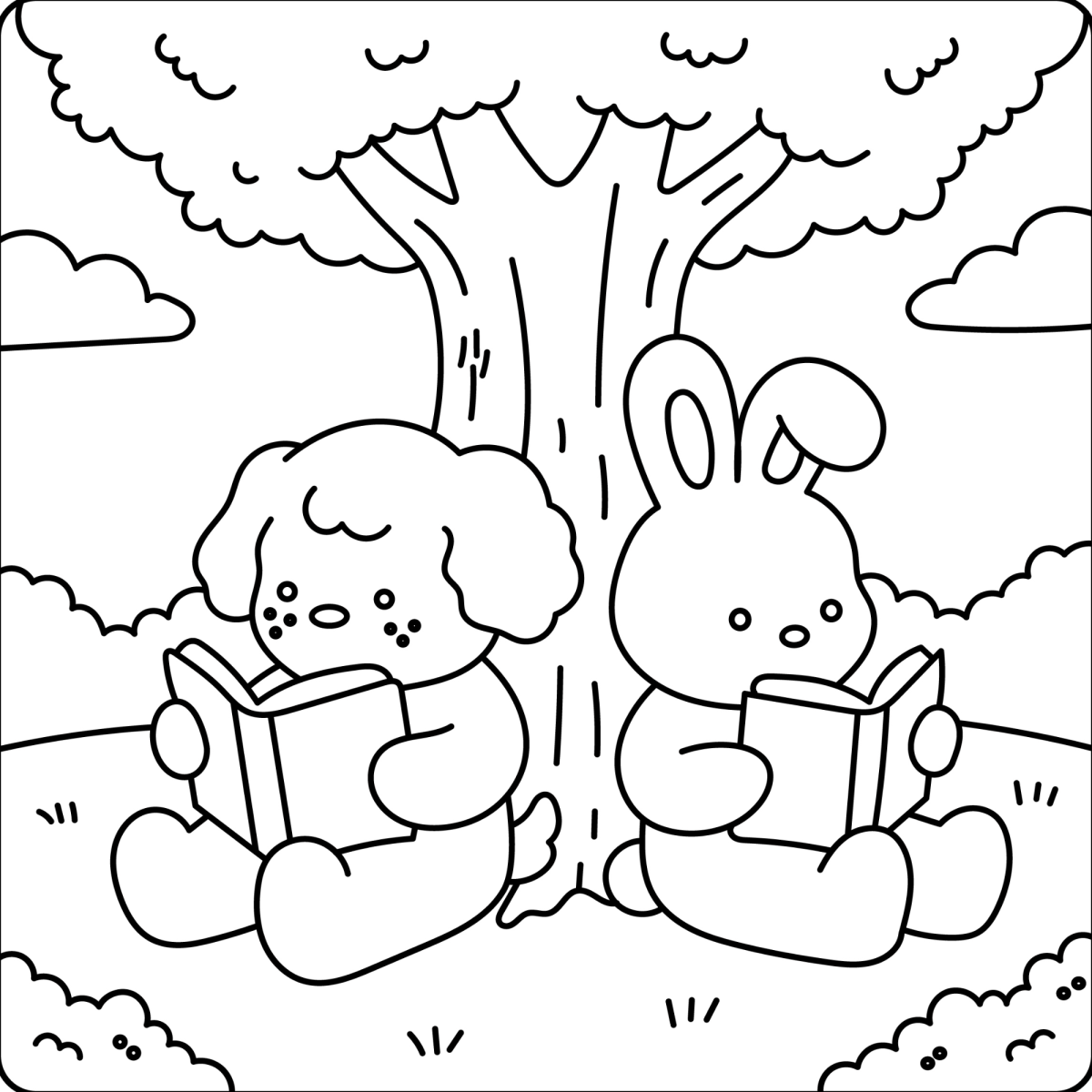 Cachorrinho e coelhinho lendo embaixo da árvore para colorir