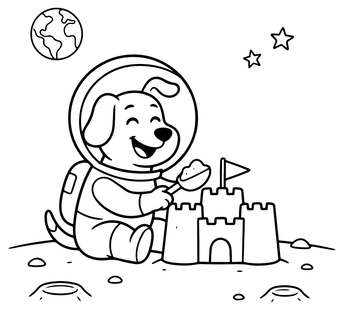 Cachorro astronauta fazendo castelo de areia na lua para colorir