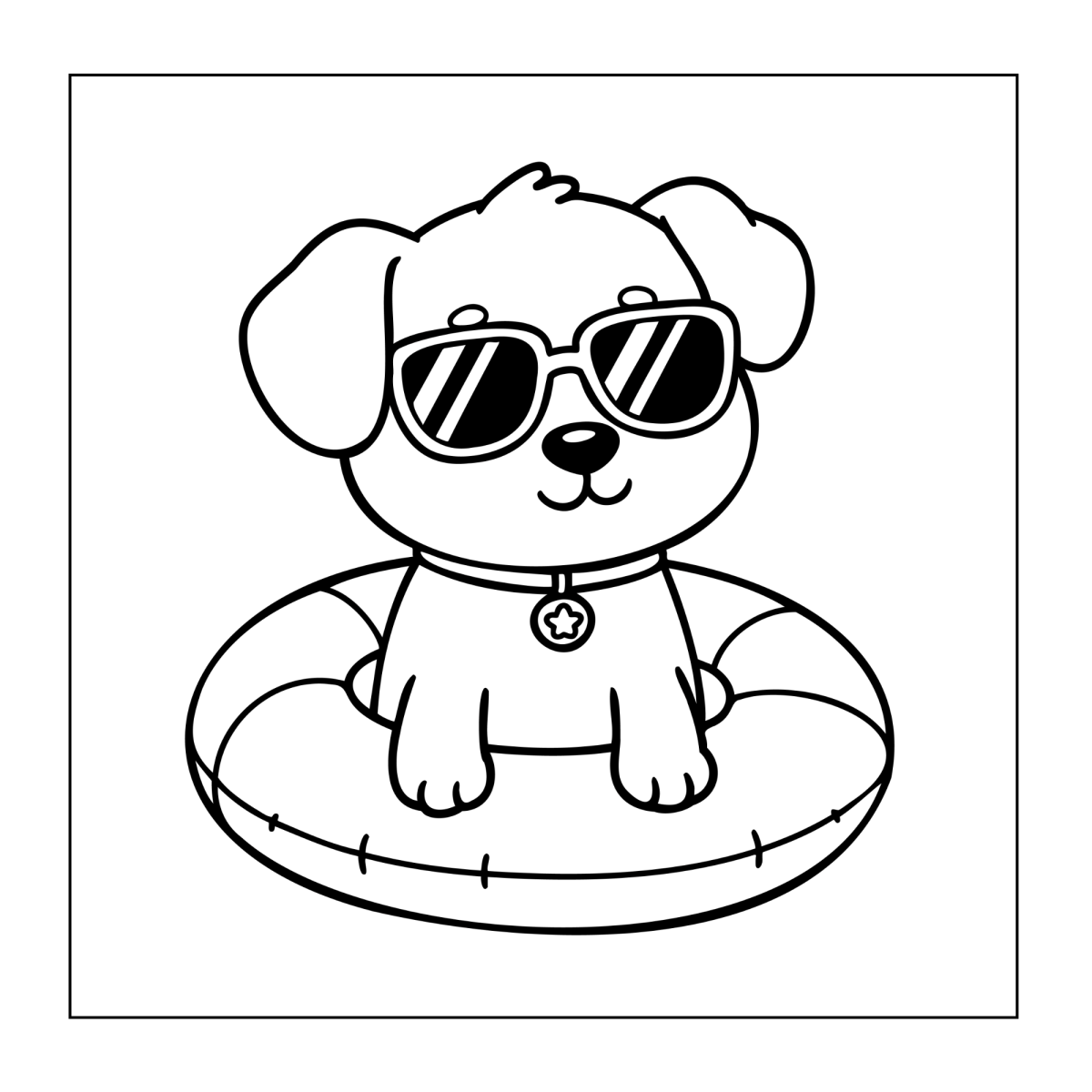 Cachorro de óculos escuros na boia para colorir