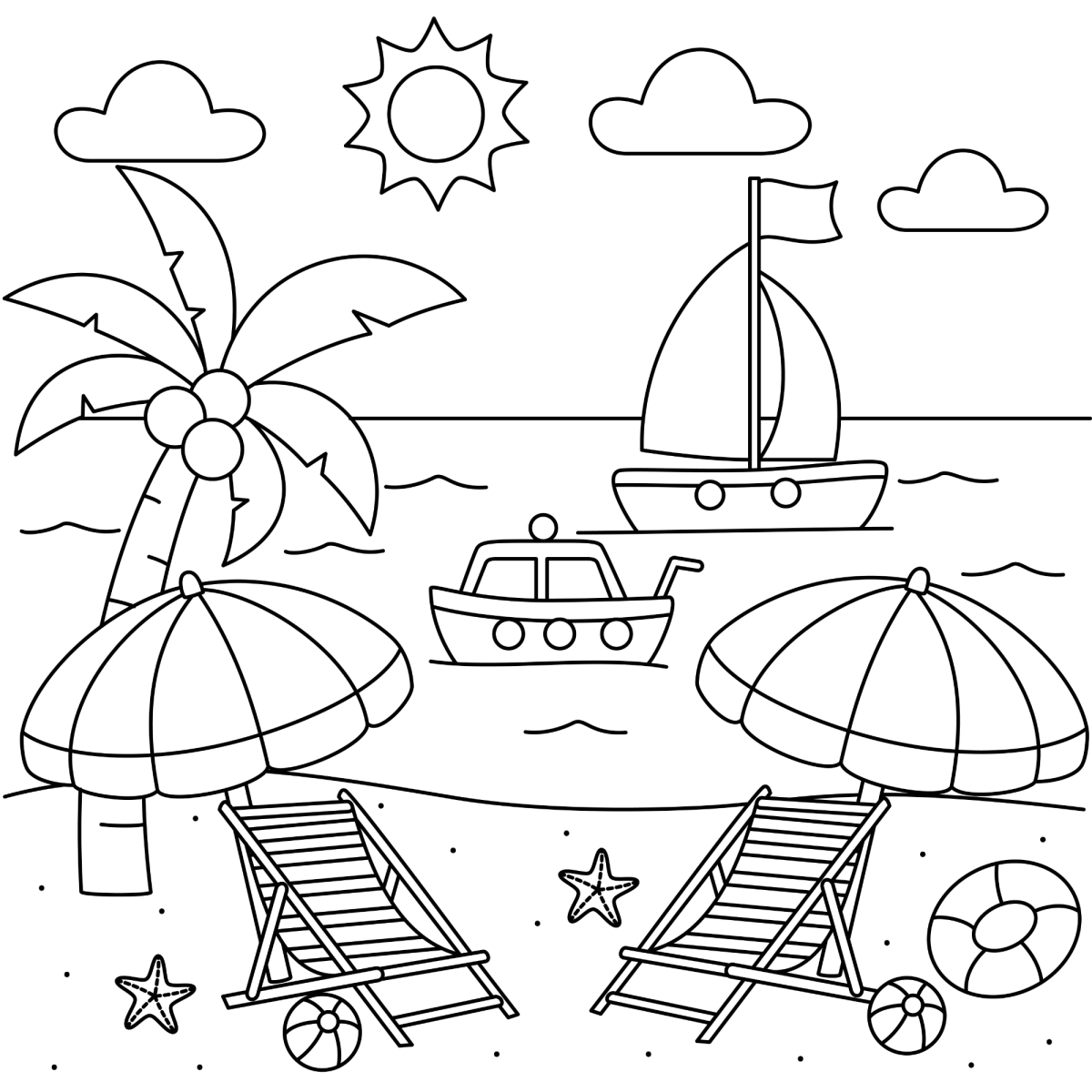 Cadeiras de praia com veleiros ao fundo para colorir