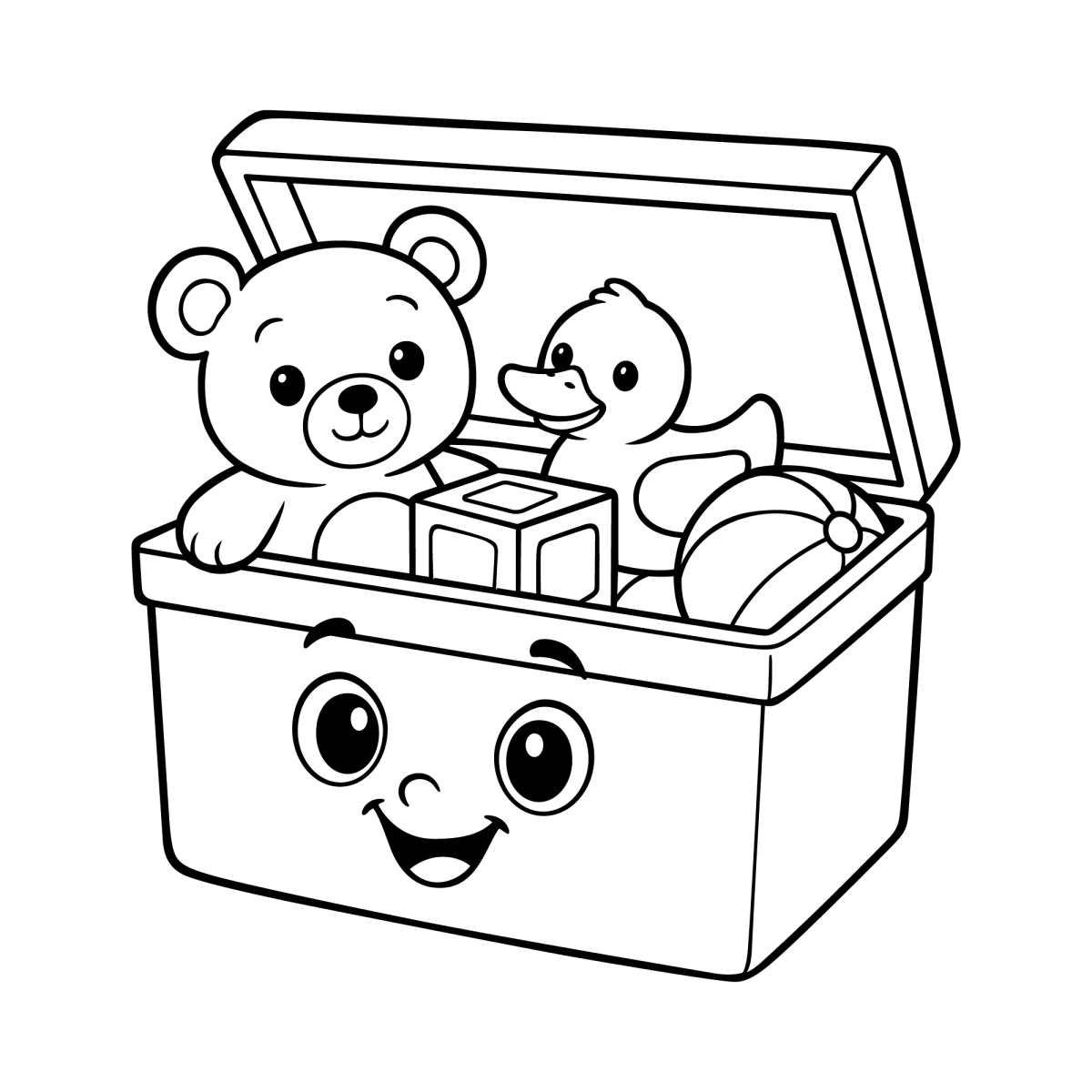 Caixa de brinquedos com ursinho e patinho para colorir
