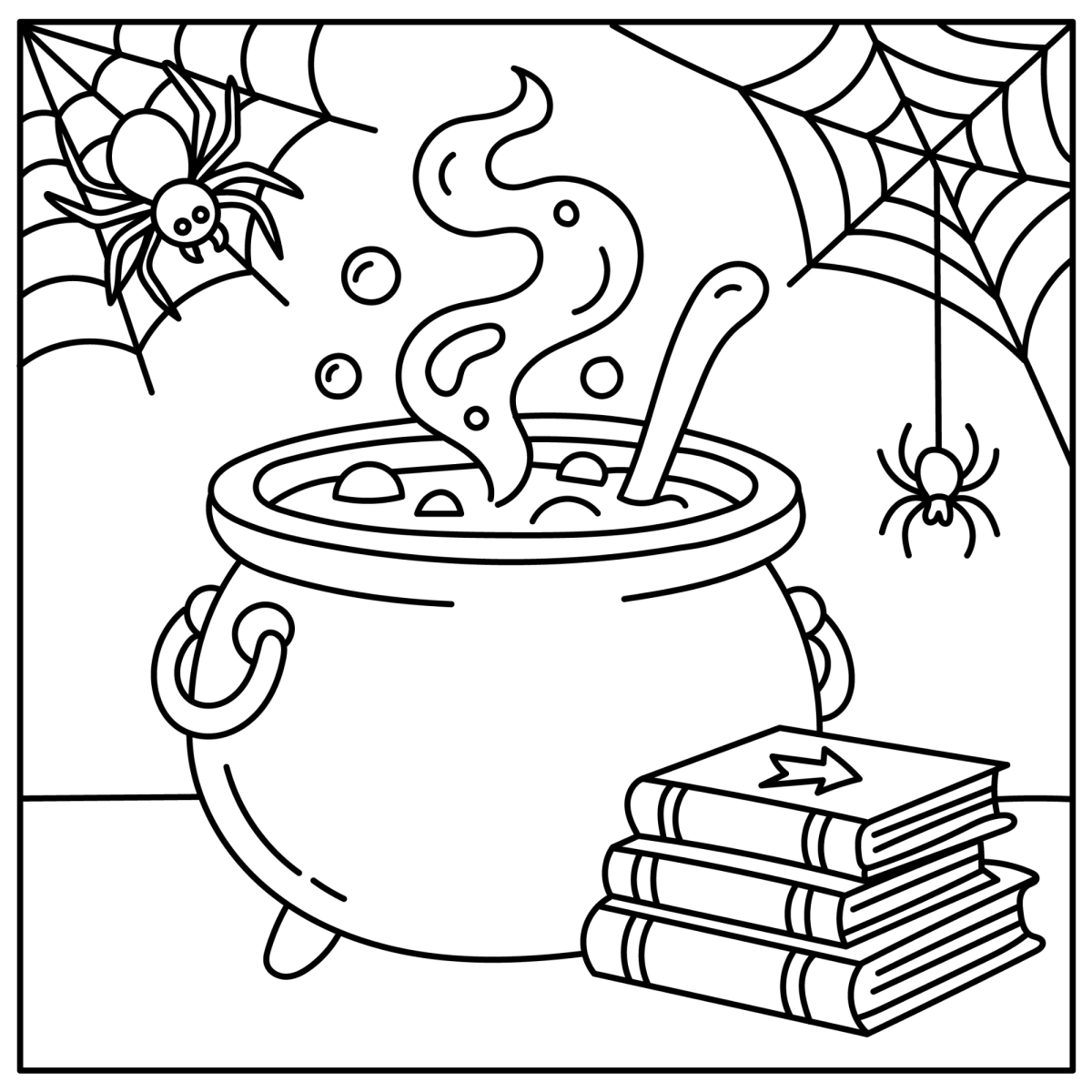 Caldeirão fumegante com livros de feitiços e aranha para colorir