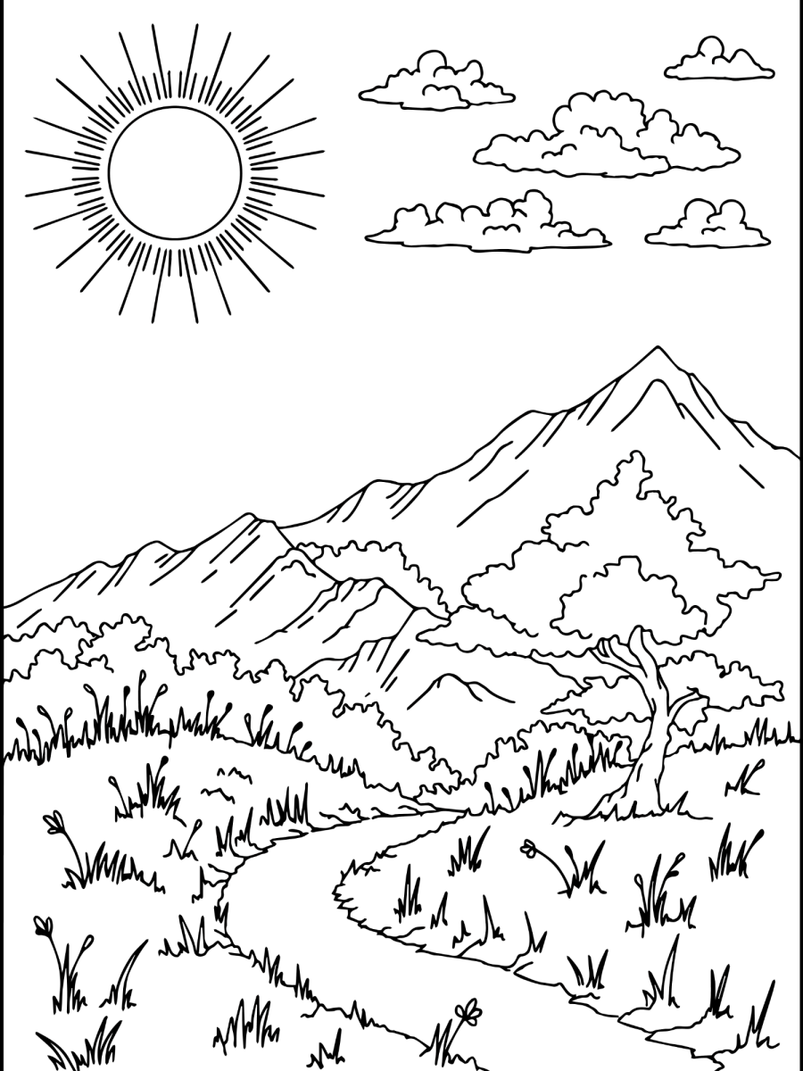 Caminho sinuoso até as montanhas sob o sol para colorir