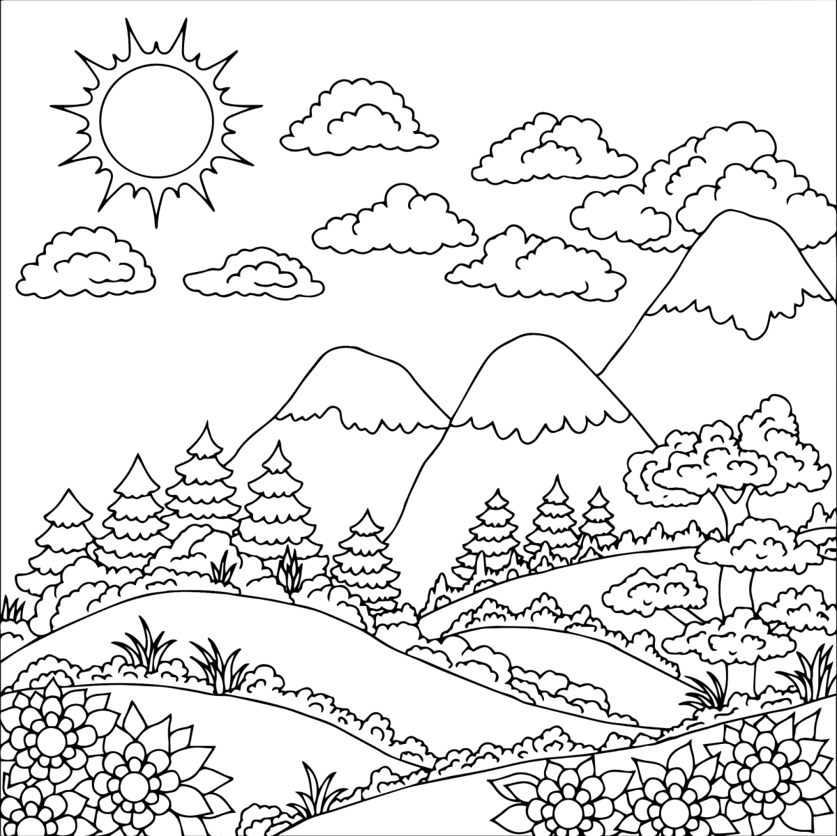 Campo de flores com montanhas e nuvens fofas para colorir