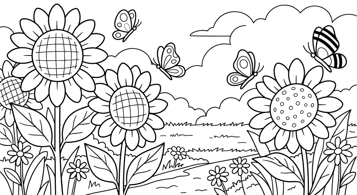 Campo de girassóis com borboletas para colorir