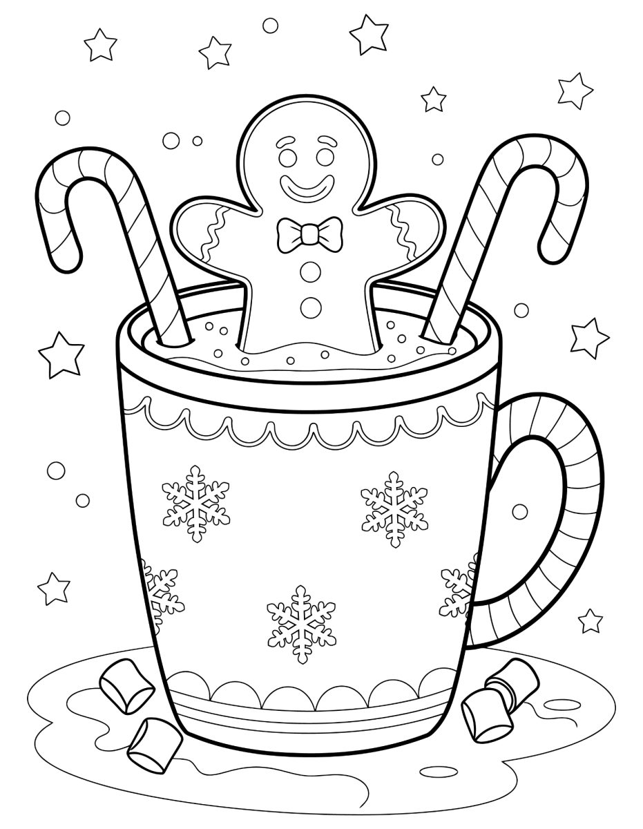Caneca com biscoito de gengibre e bengalas para colorir
