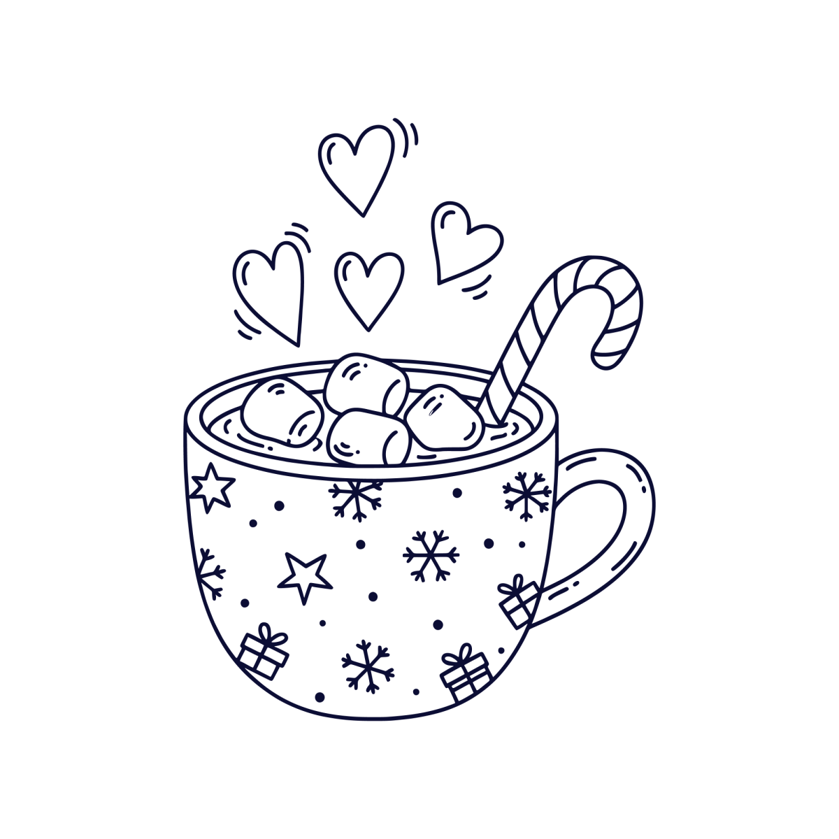 Caneca de flocos de neve com corações para colorir
