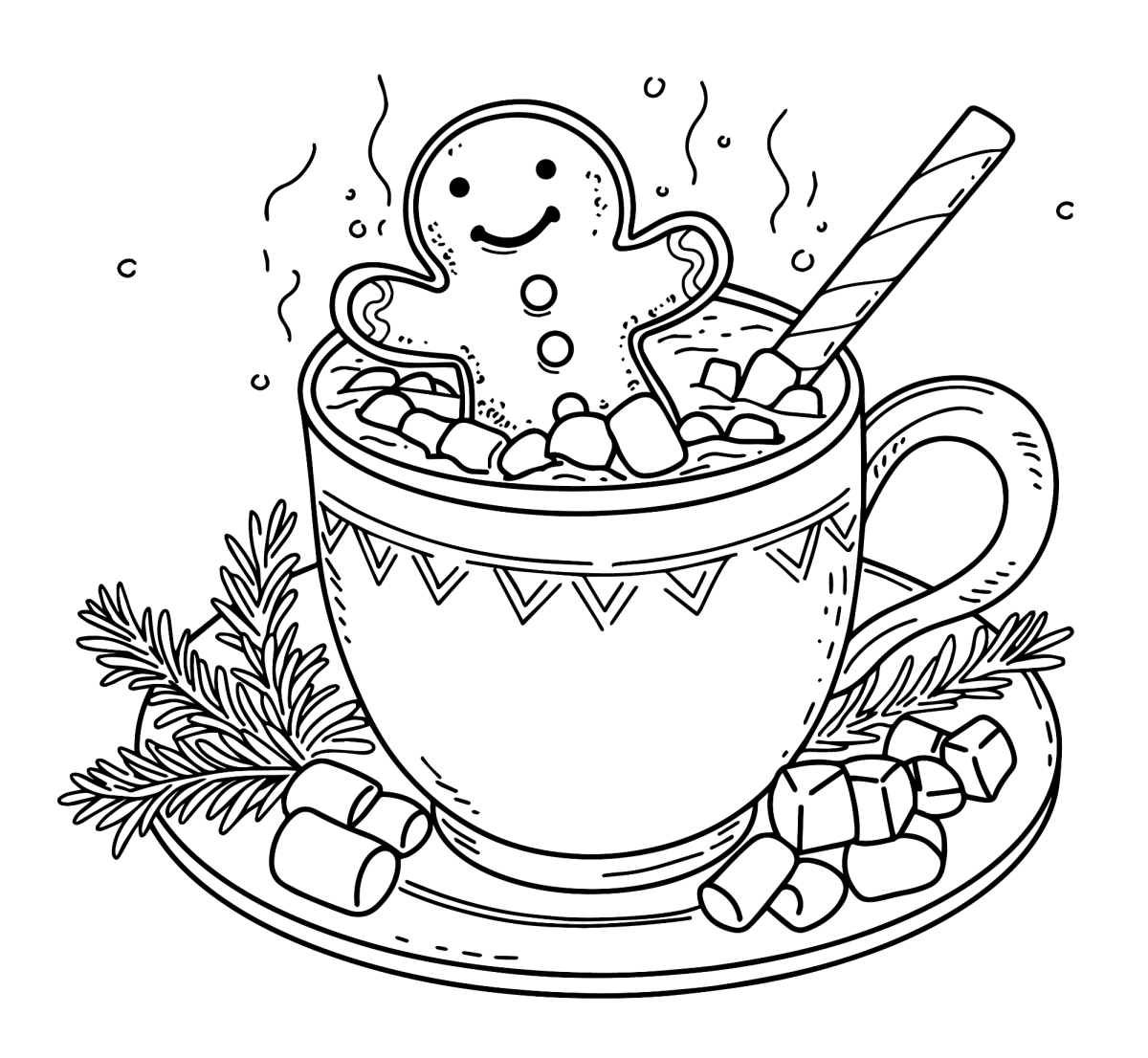 Caneca de Natal com biscoito de gengibre e pinhas para colorir