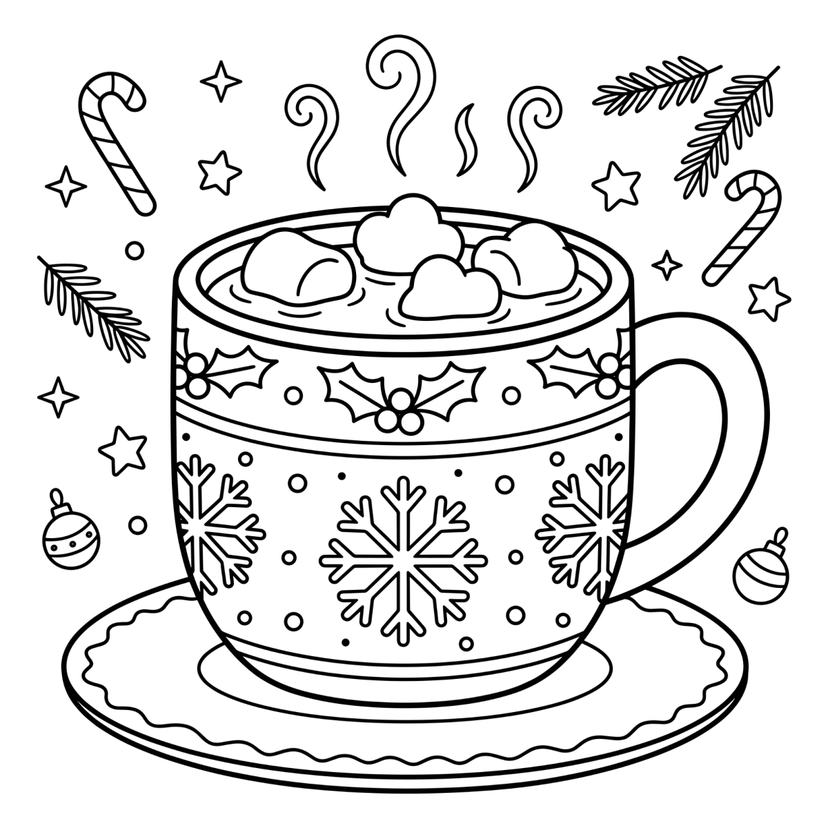Caneca de Natal com pires e flocos de neve para colorir