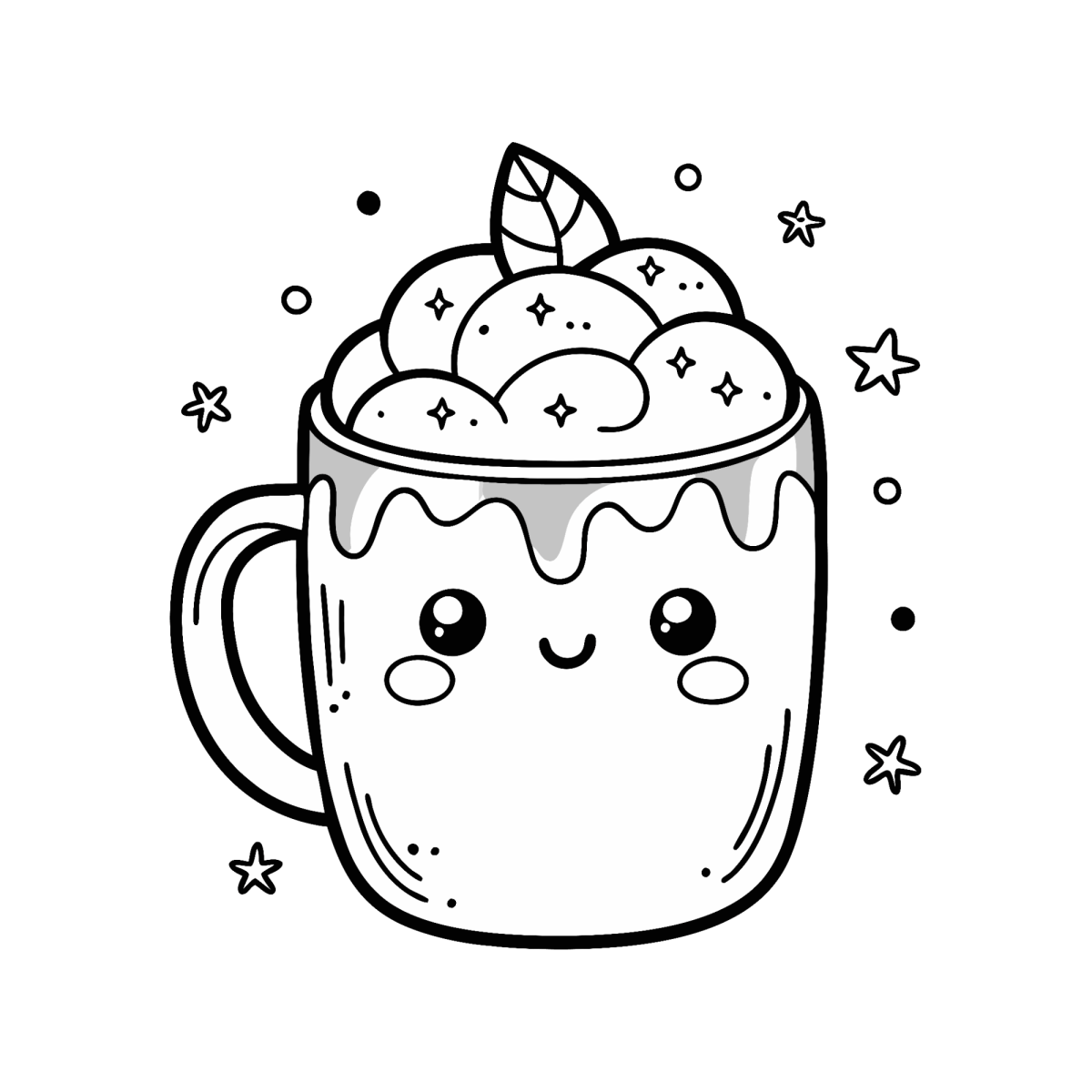 Caneca kawaii com chantilly e corações para colorir