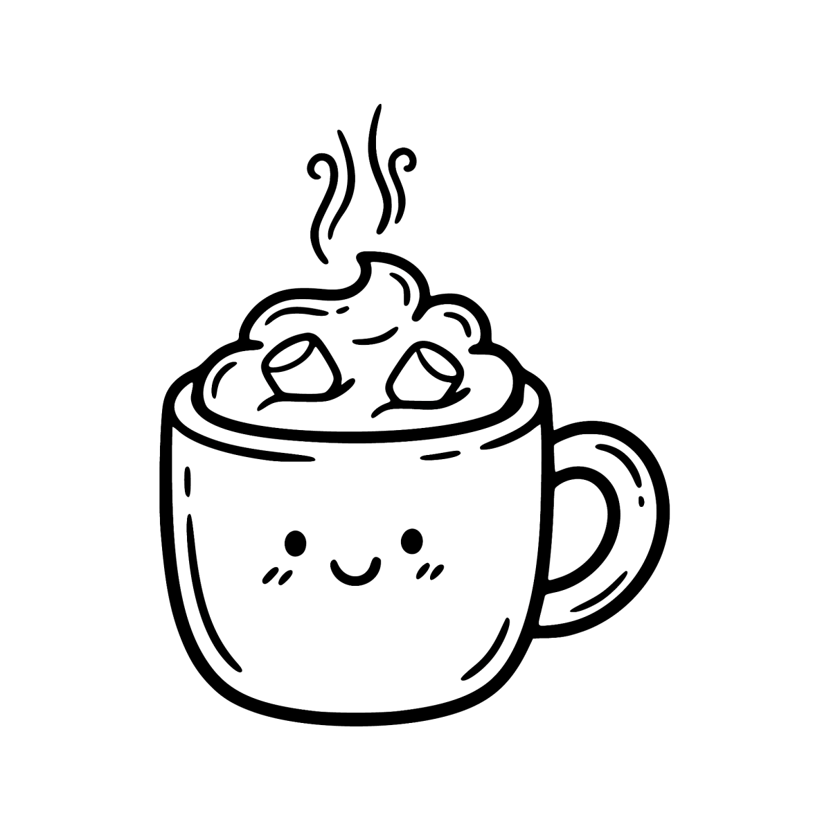 Caneca kawaii sorridente com marshmallows para colorir