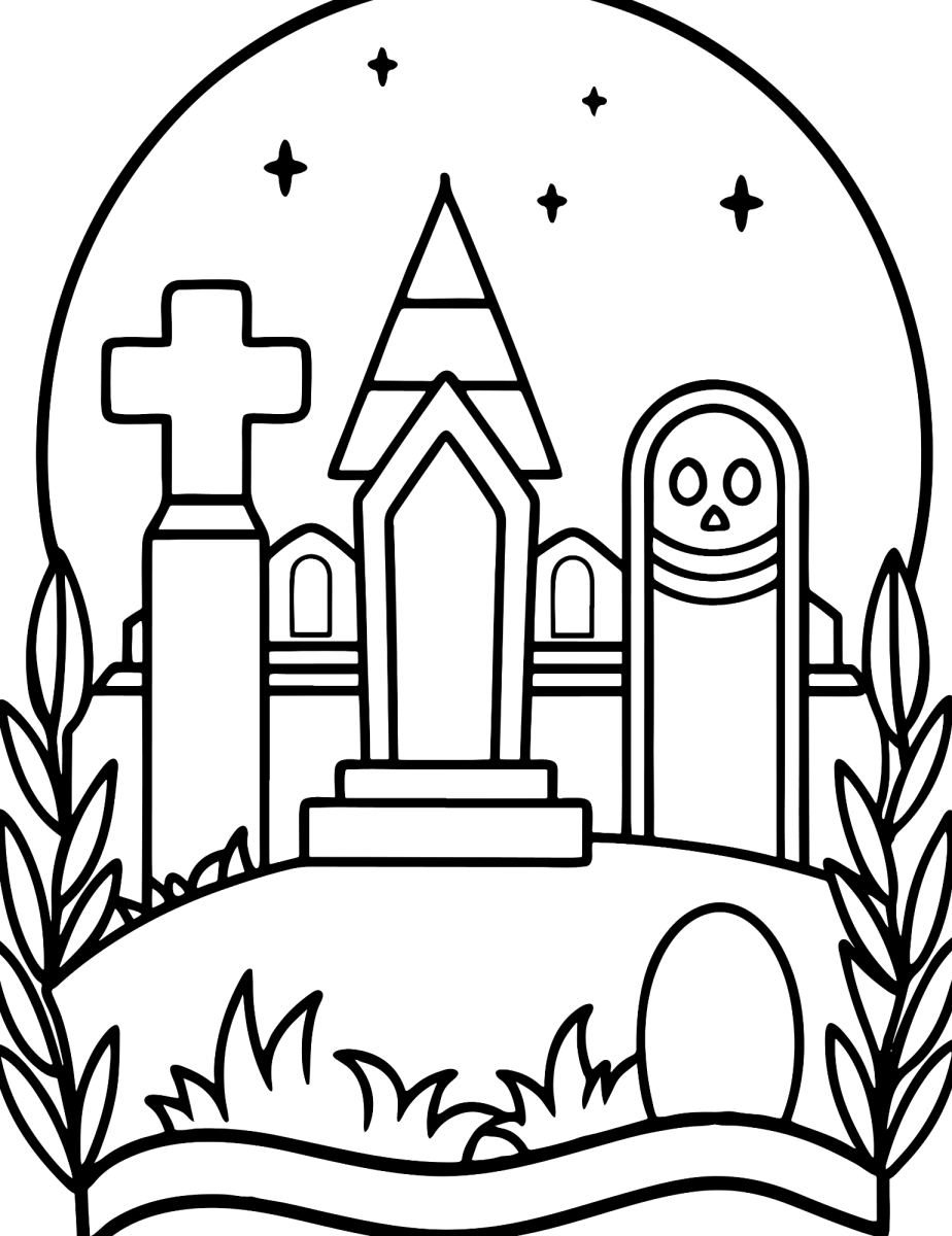 Capela do cemitério com lápides e estrelas para colorir