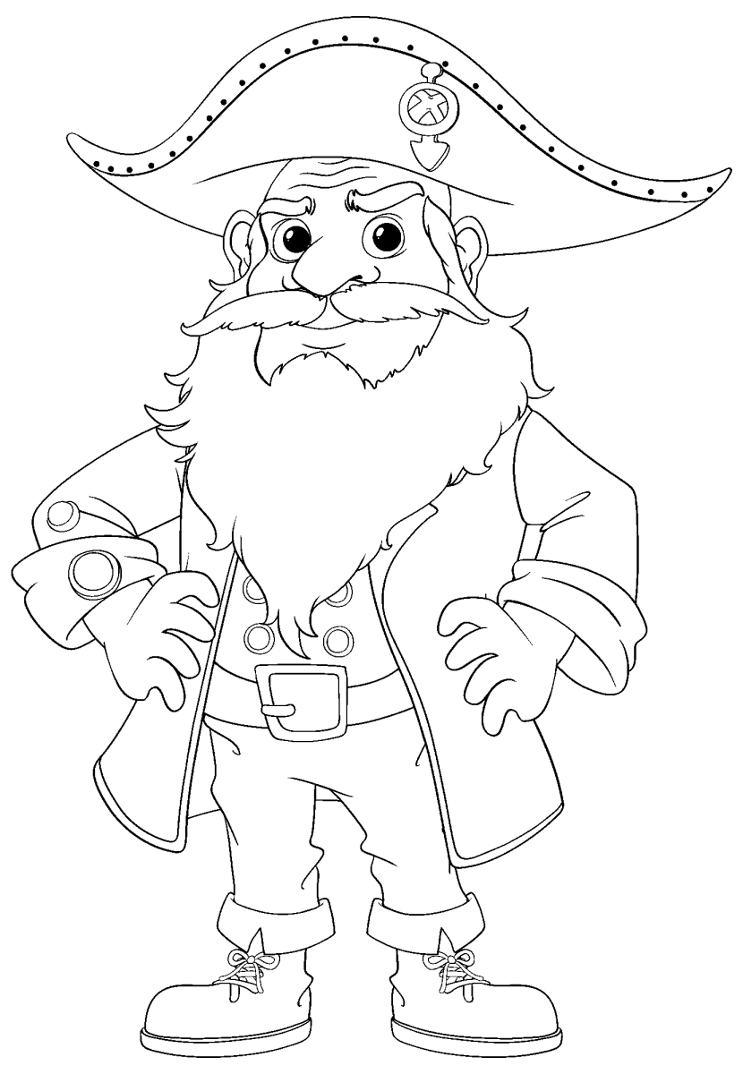 Capitão pirata barbudo de chapéu grande para colorir