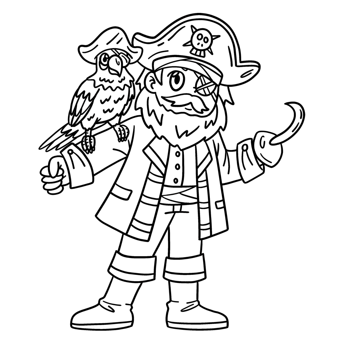 Capitão pirata com papagaio e gancho para colorir