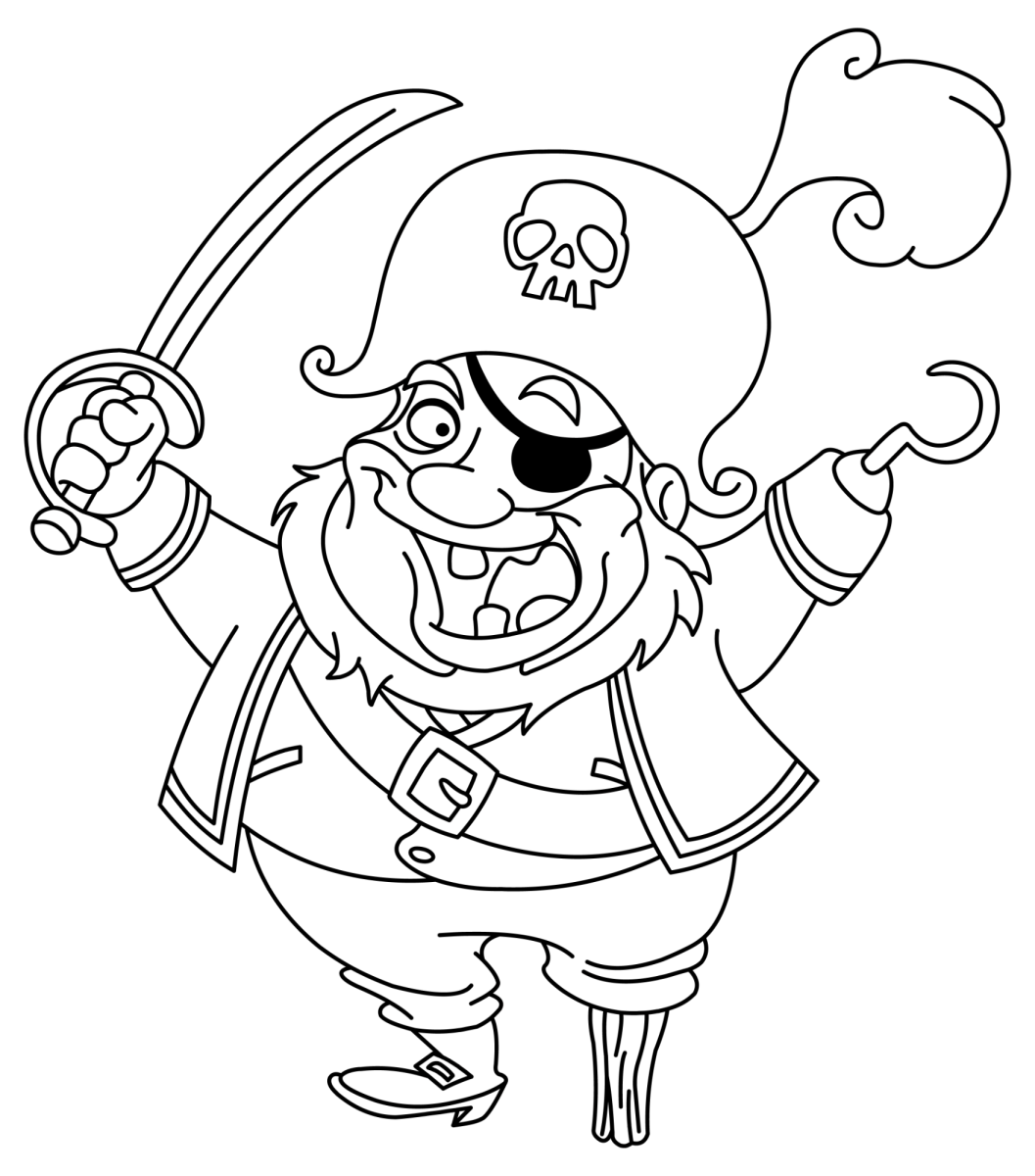 Capitão pirata com tapa-olho, gancho e espada para colorir