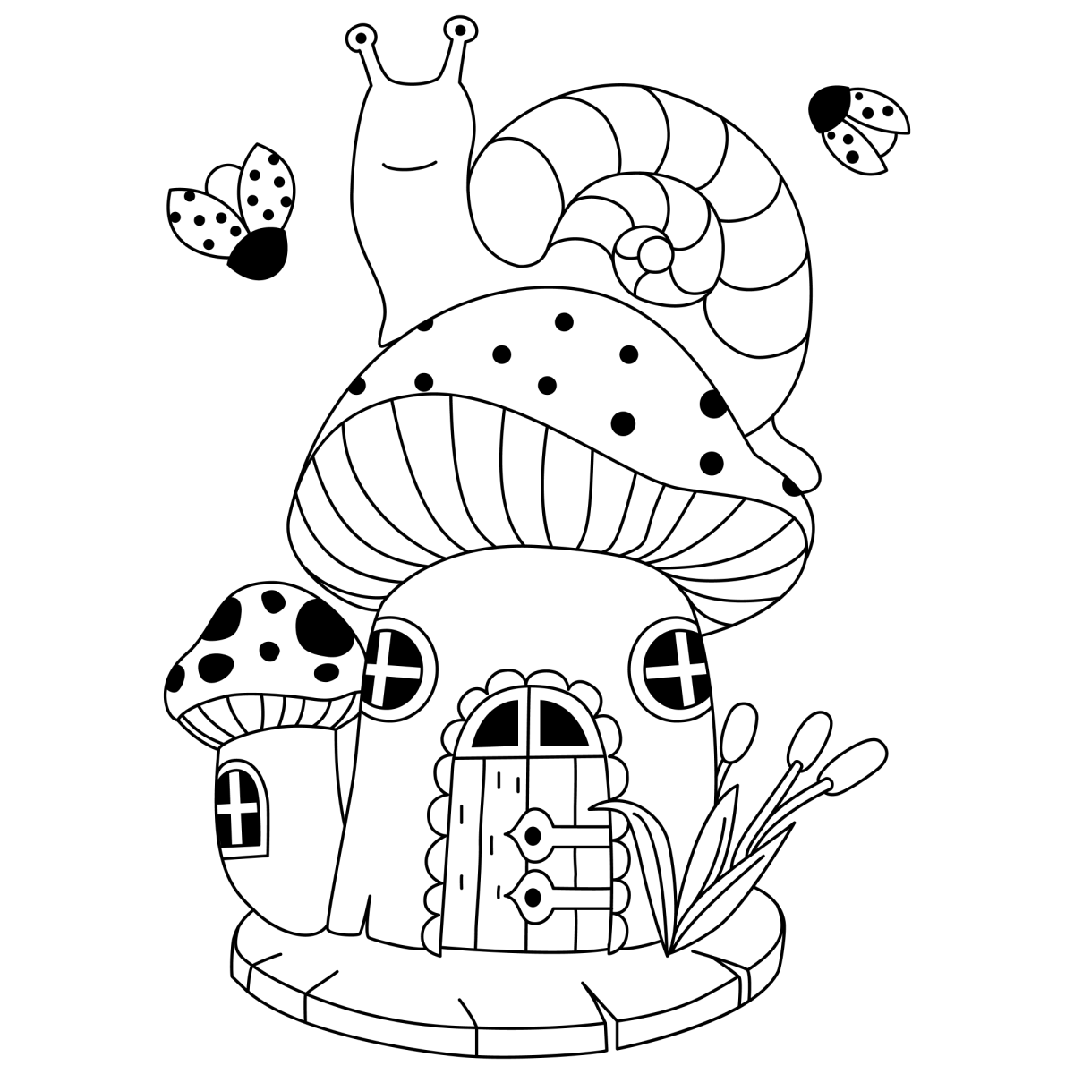 Caracol no telhado da casinha de cogumelo para colorir