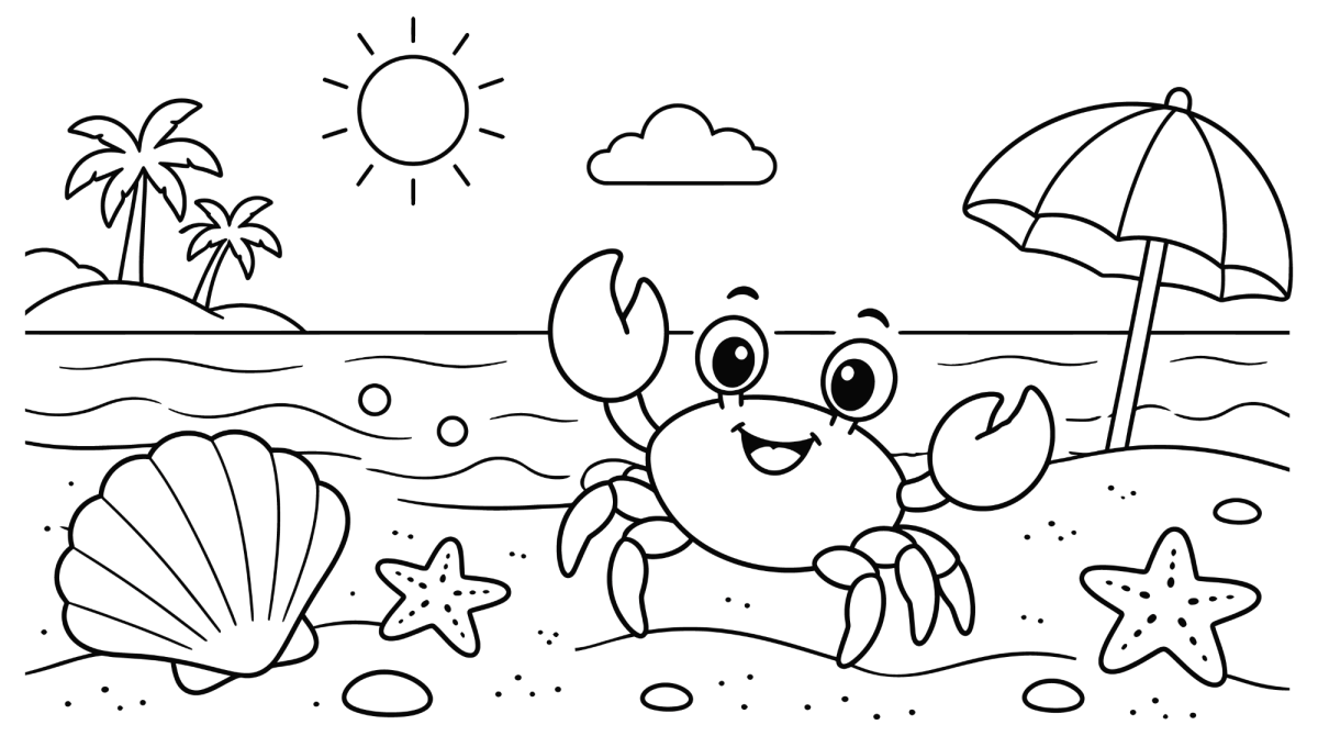 Caranguejo fofo na praia para colorir