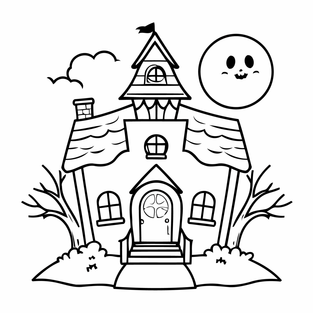 Casa assombrada com lua sorridente e morcegos para colorir