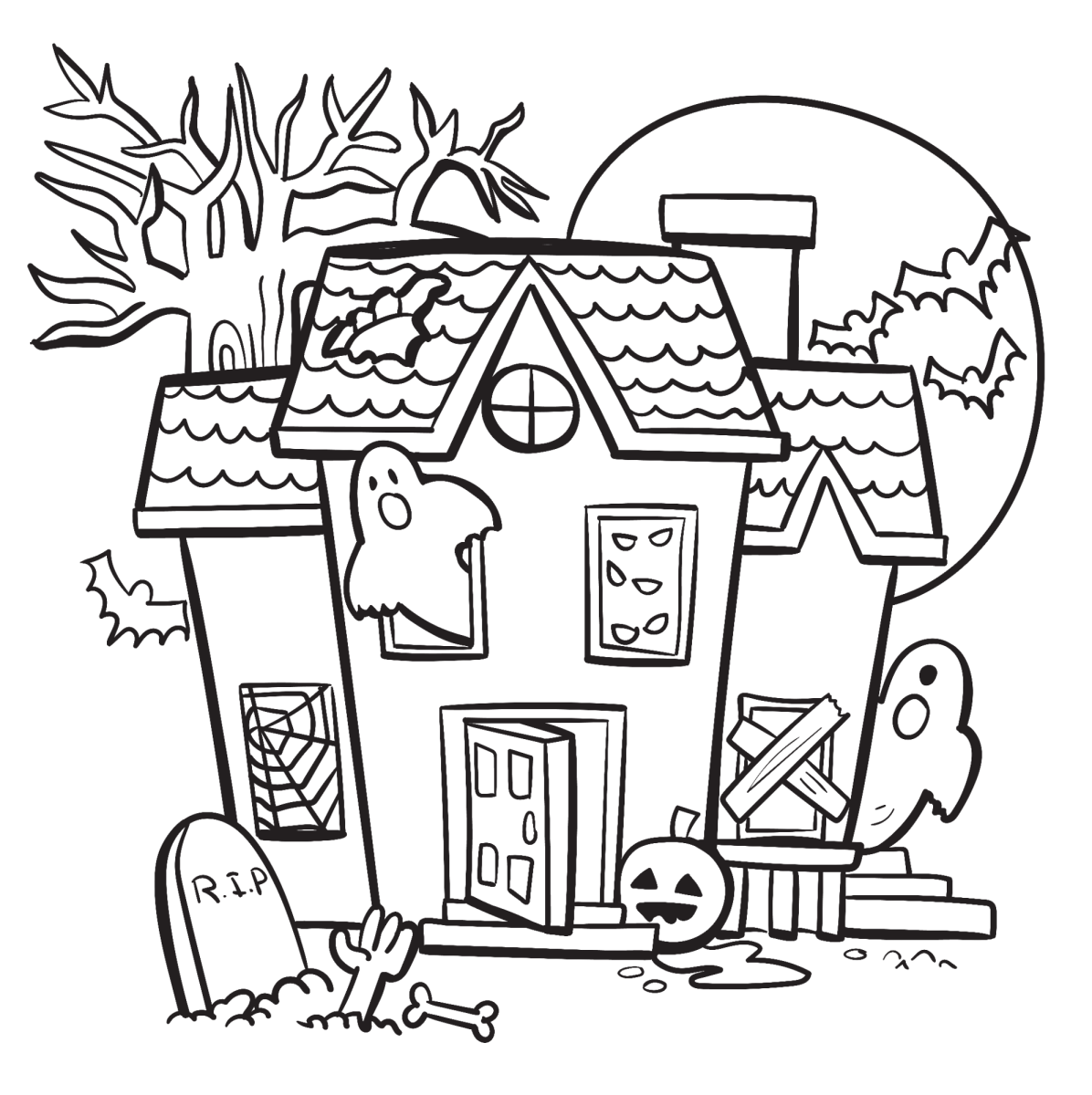 Casa assombrada com telhado pontudo e fantasmas para colorir