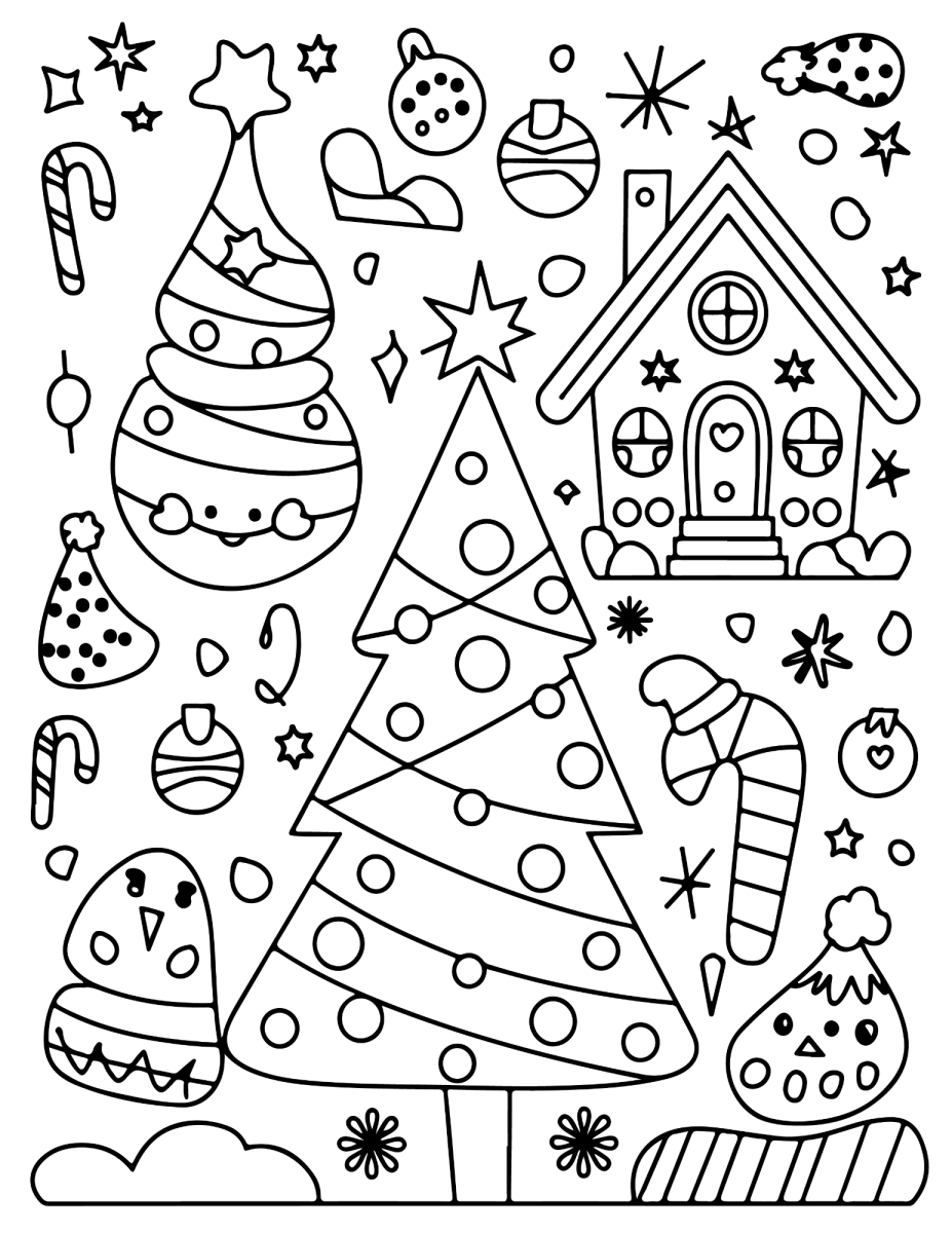 Casa de biscoito de gengibre e árvore de Natal para colorir