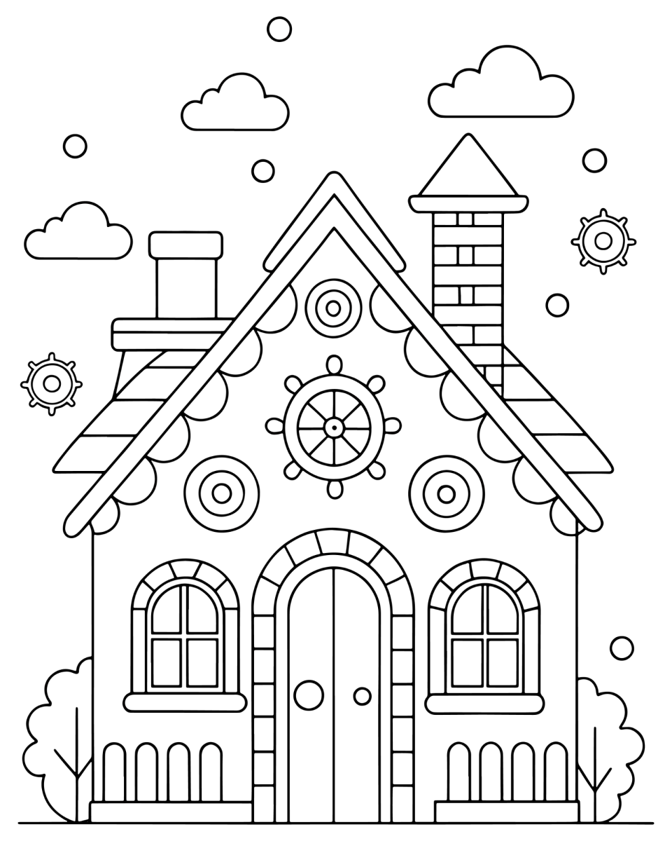 Casa de gengibre com chaminé e enfeites redondos para colorir