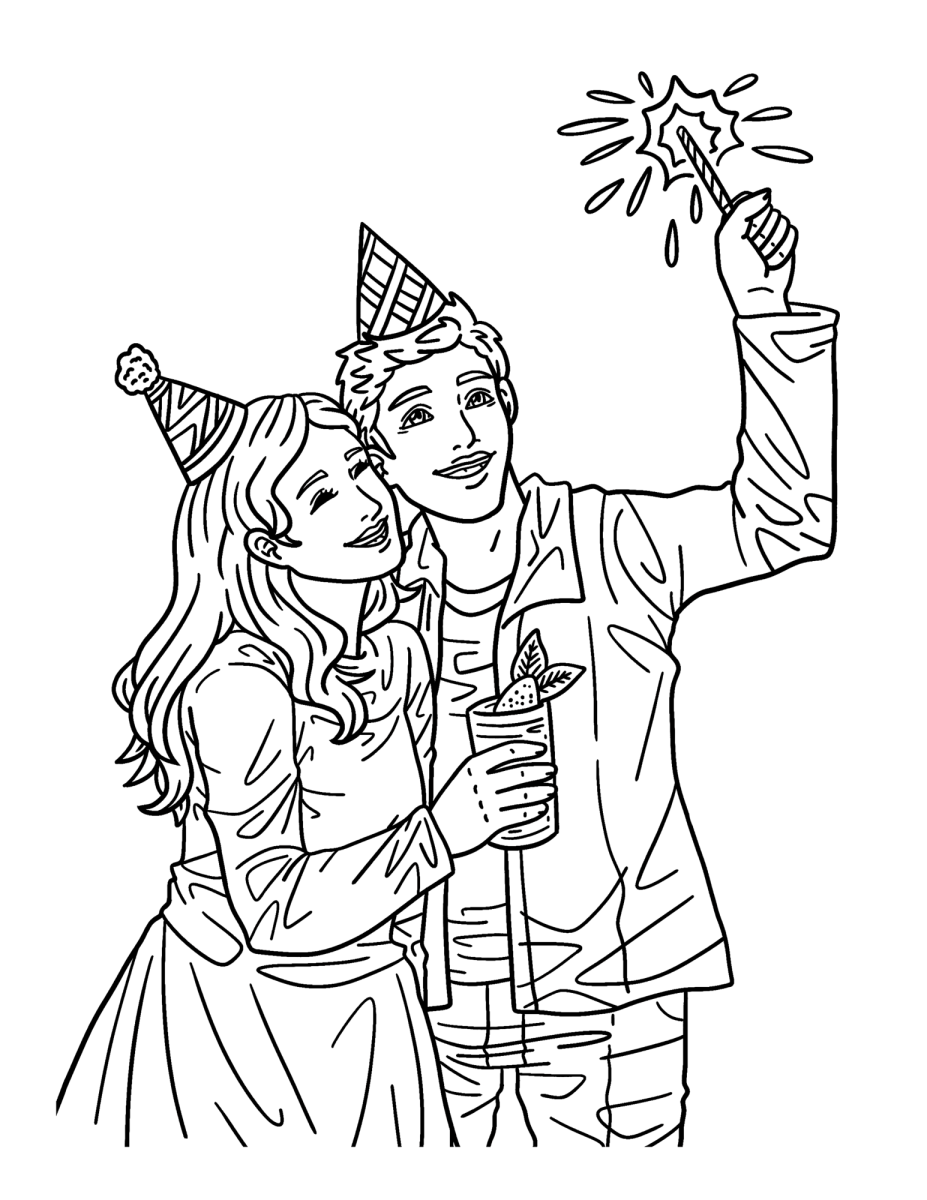 Casal de chapéu de festa com estrelinhas para colorir