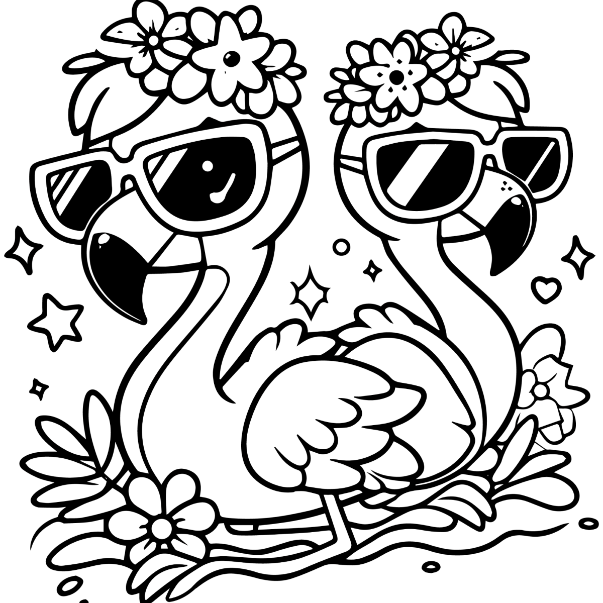 Casal de flamingos de óculos entre flores para colorir