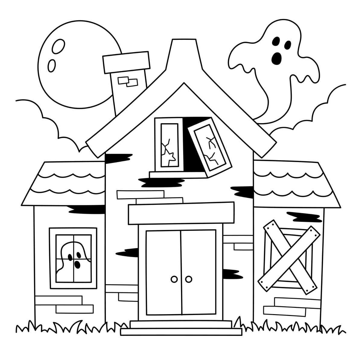 Casinha abandonada com fantasmas para colorir
