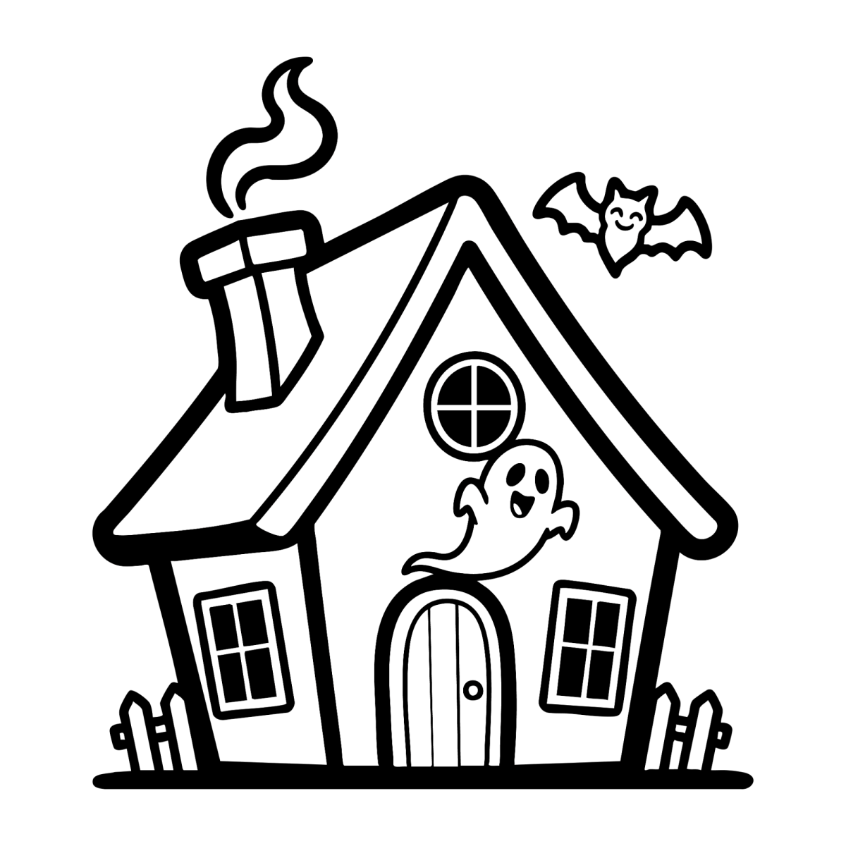 Casinha assombrada com fantasma na porta para colorir