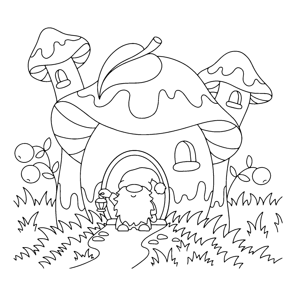 Casinha de cogumelo cercada de capim alto para colorir