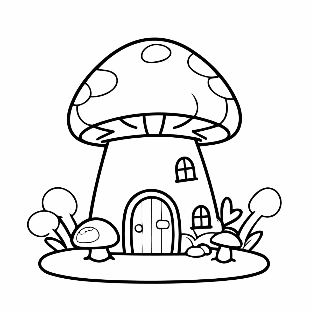 Casinha de cogumelo com cogumelinhos no jardim para colorir