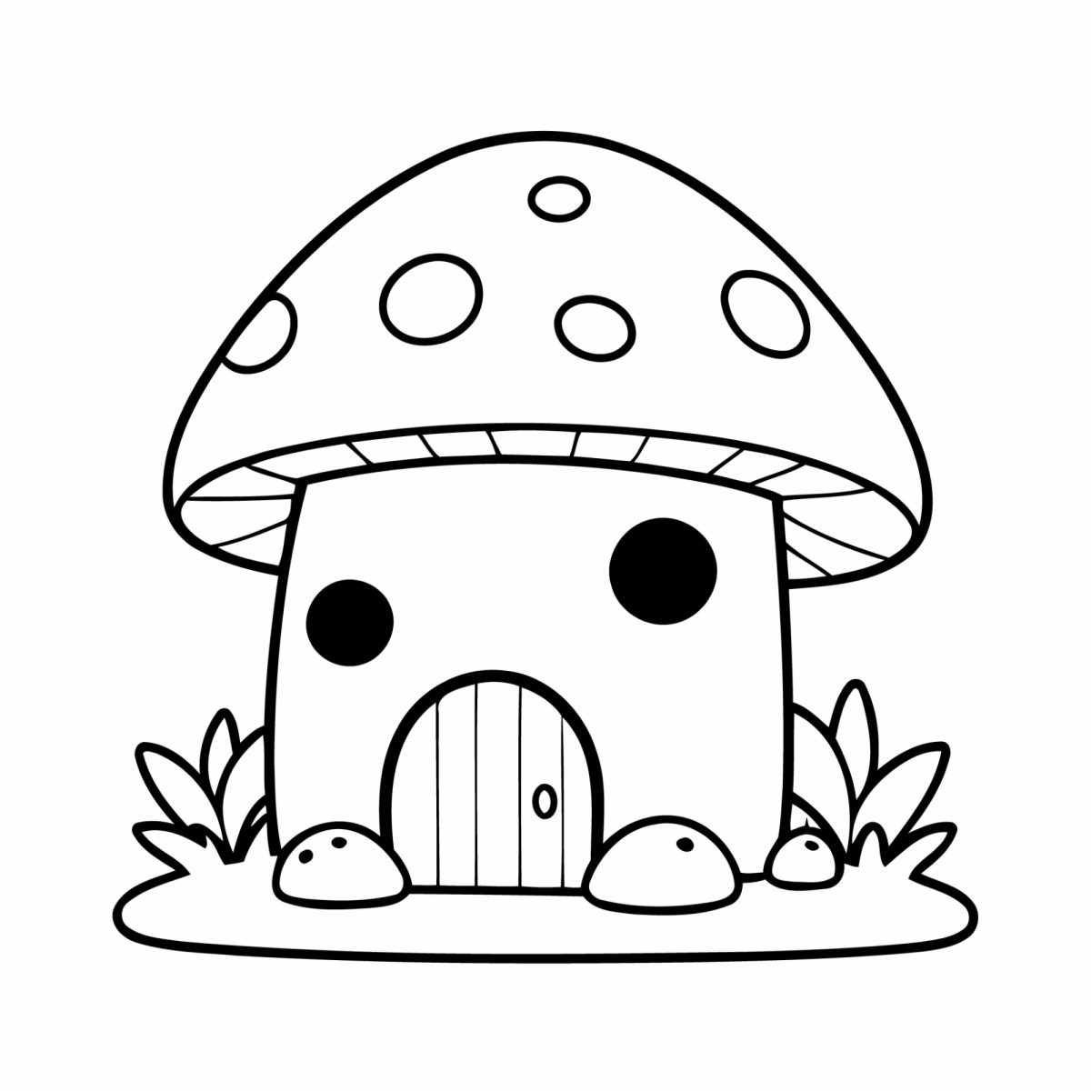 Casinha de cogumelo com porta redonda para colorir