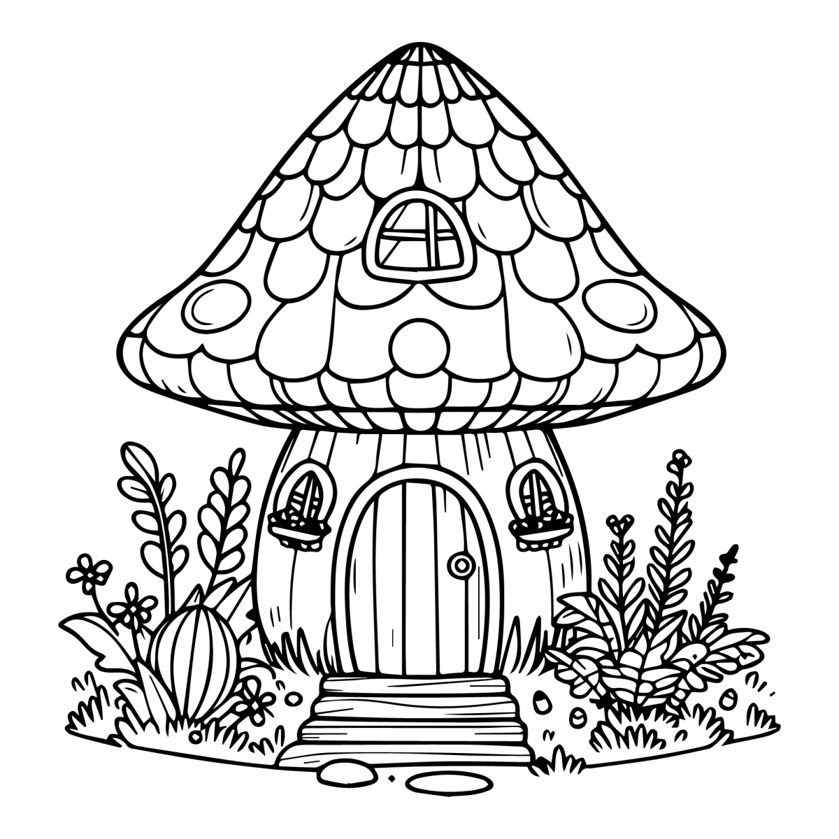 Casinha de cogumelo com telhado de bolinhas e varanda para colorir