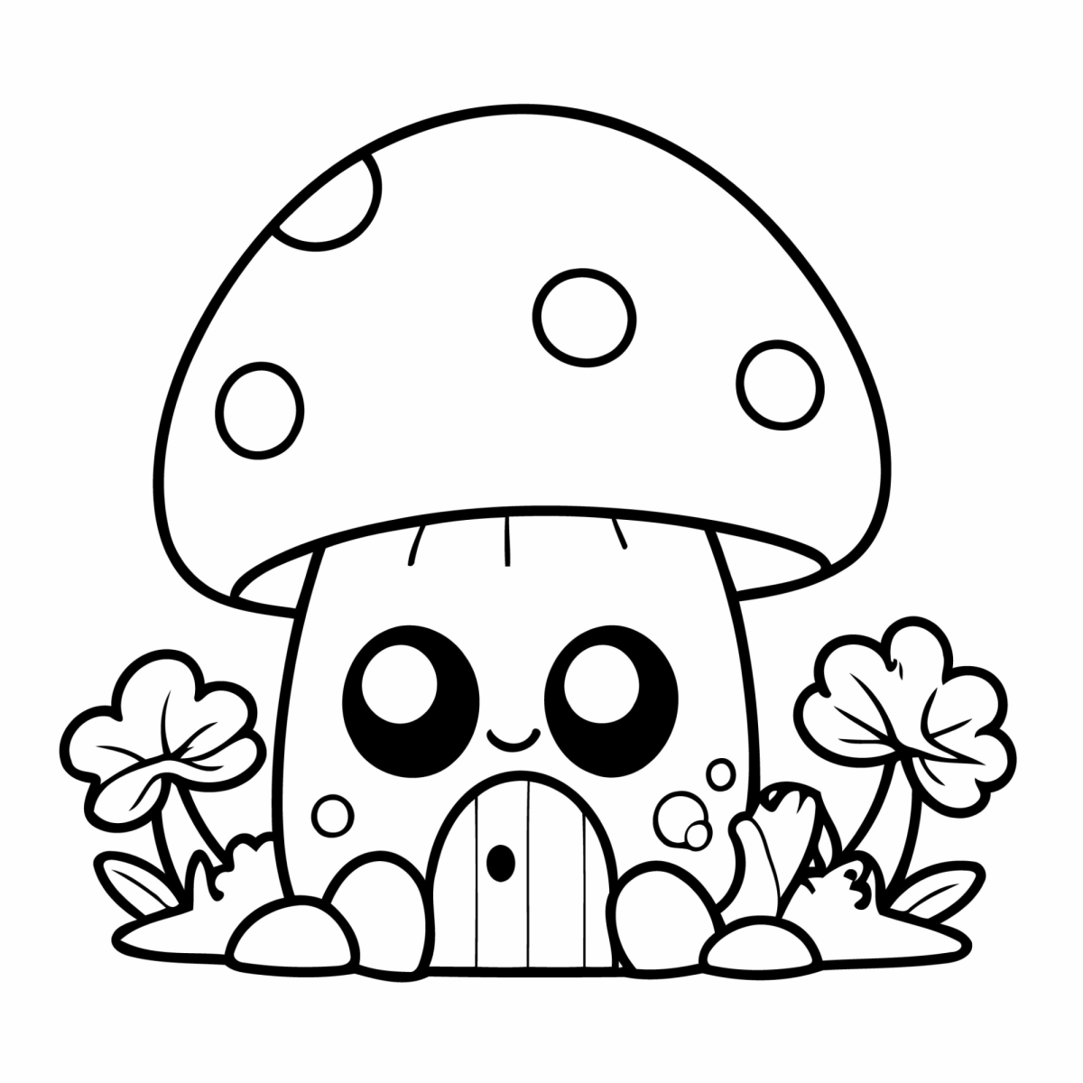 Casinha de cogumelo kawaii com olhos grandes para colorir