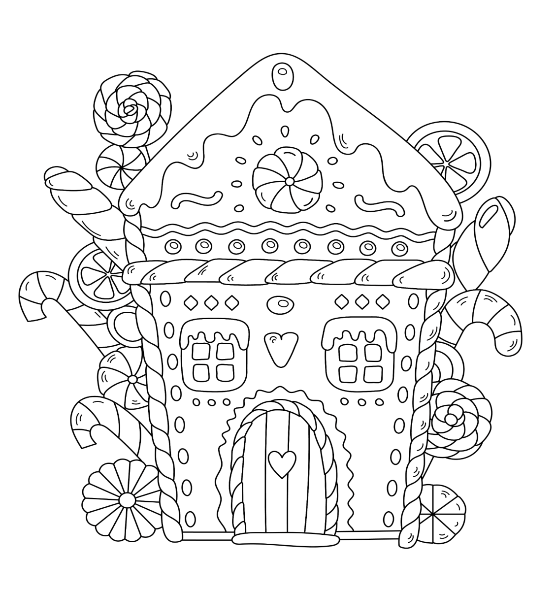 Casinha de gengibre cercada de doces e pirulitos para colorir