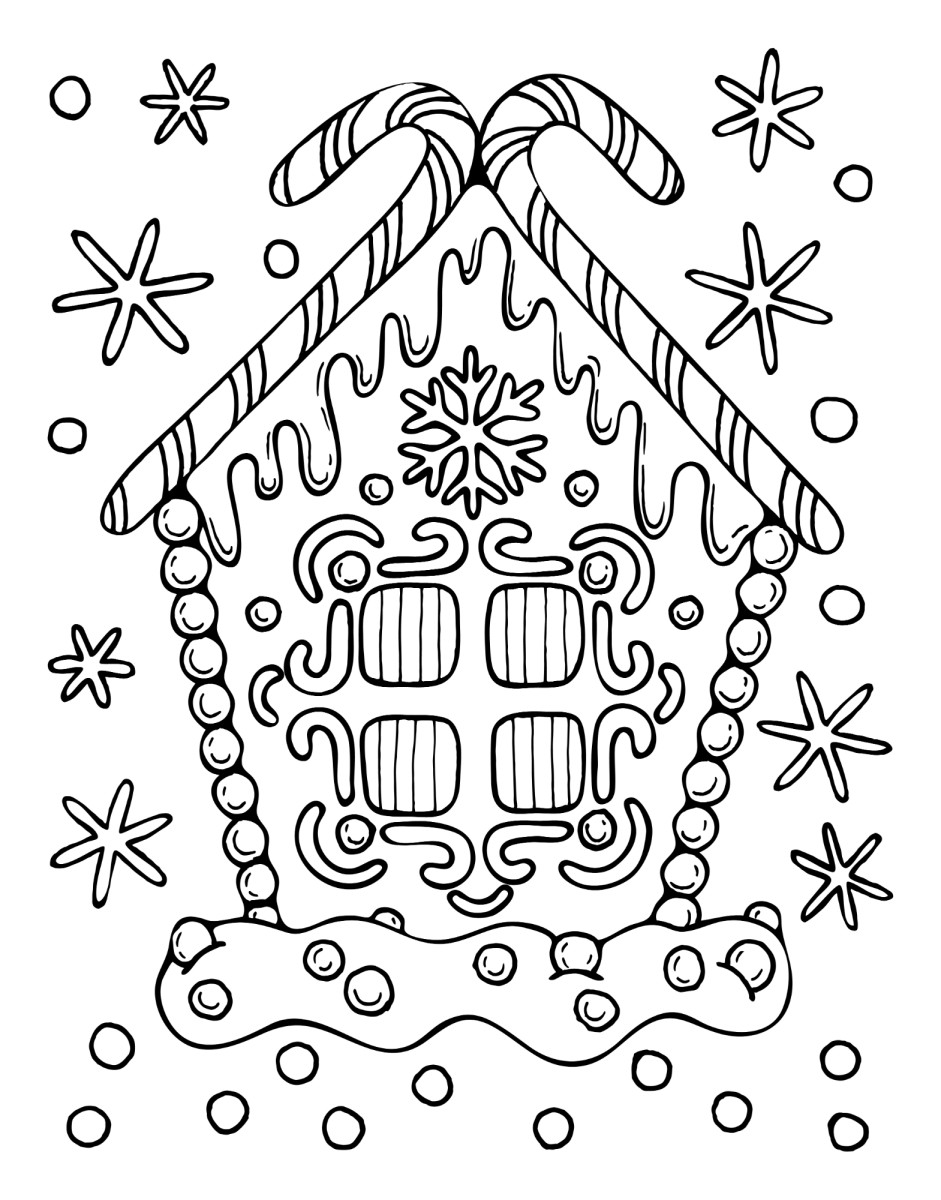 Casinha de gengibre cercada de flocos de neve para colorir