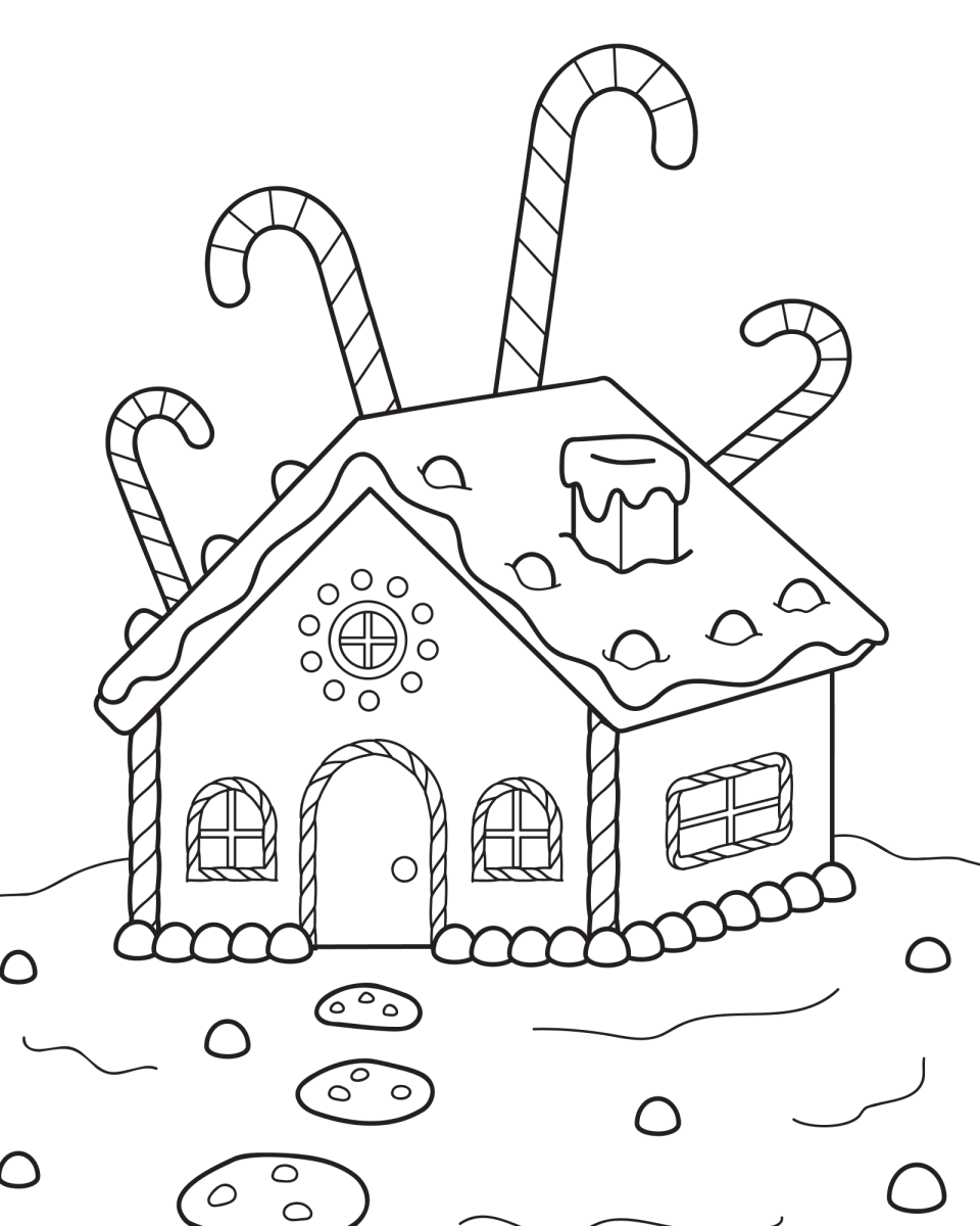 Casinha de gengibre com bengalas doces no telhado para colorir
