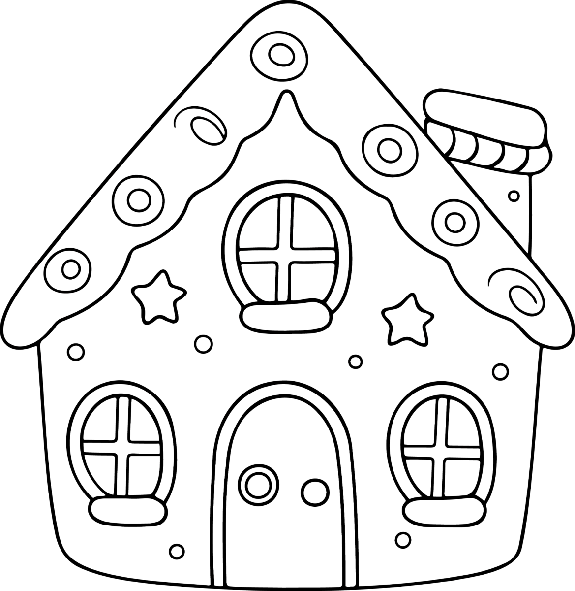 Casinha de gengibre com chaminé e laço para colorir