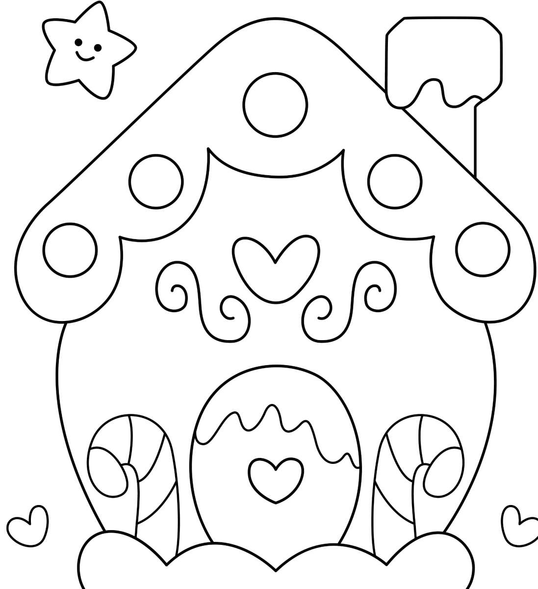 Casinha de gengibre com coração na porta para colorir