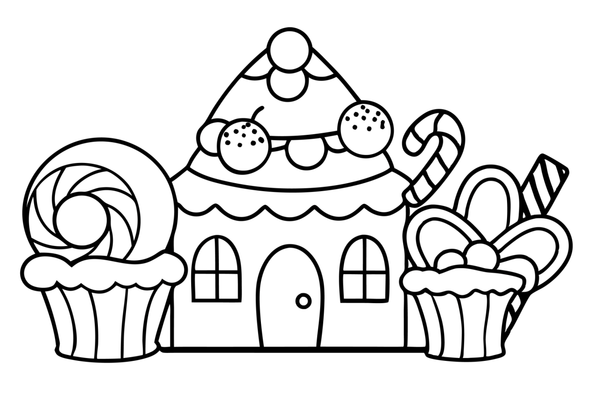 Casinha de gengibre com cupcakes e doces para colorir