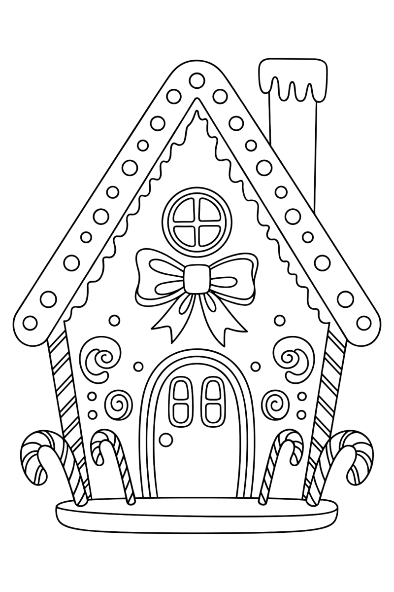 Casinha de gengibre com laço e bengalas doces para colorir